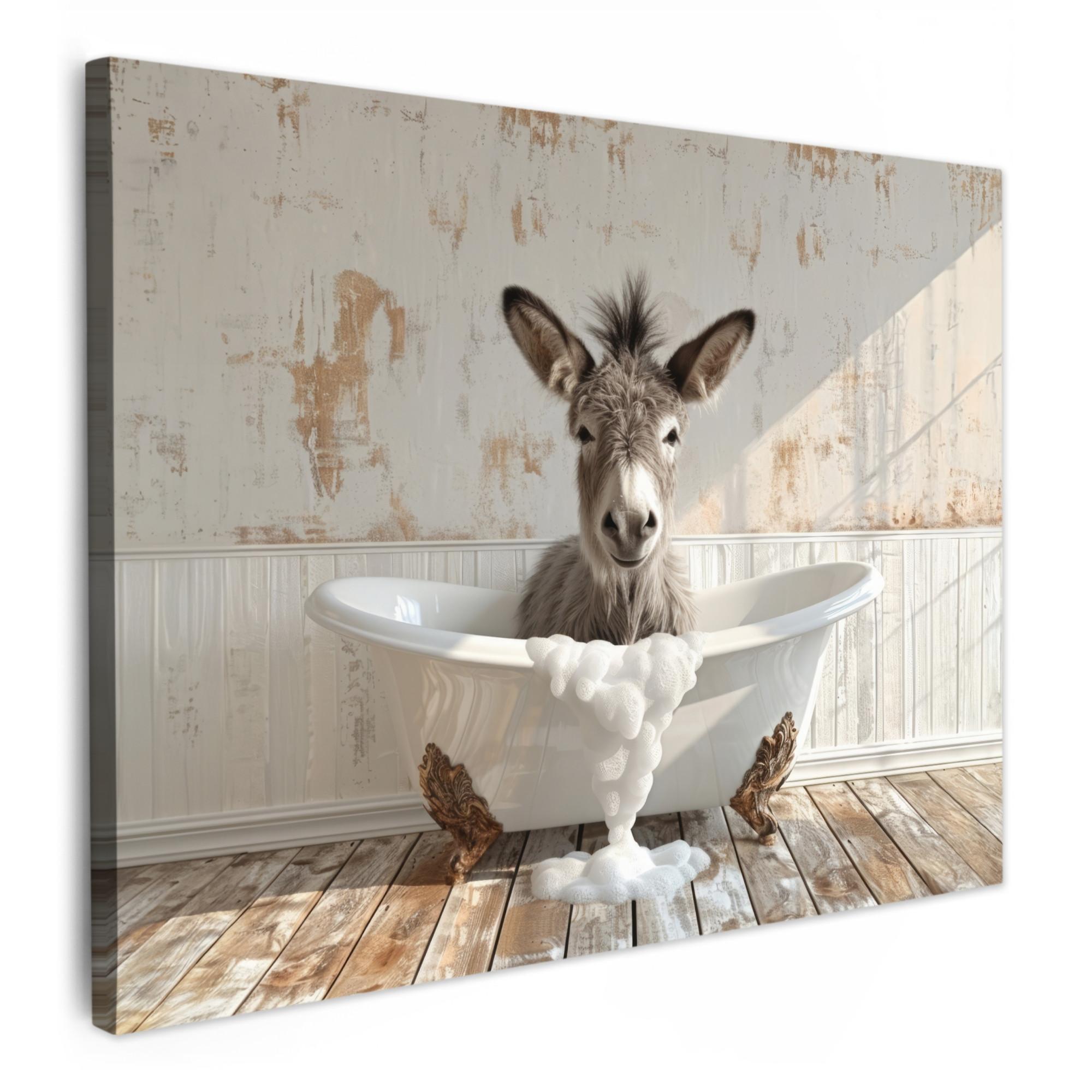 LEINWANDBILD Esel - Tiere - Badewanne - Schaumstoff Wandbild 40x30 cm - Weiß, Textil (40/30cm) - MuchoWow