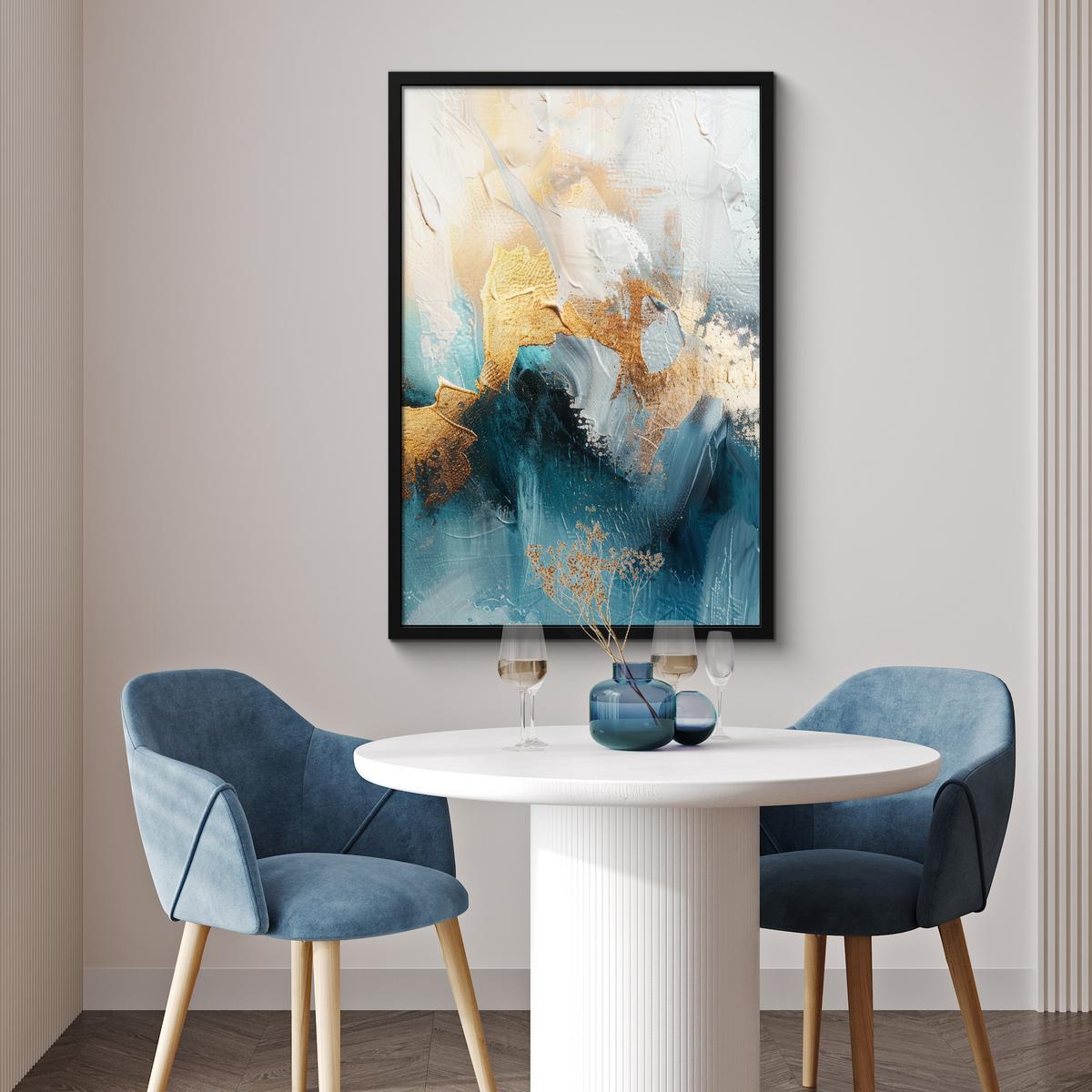 POSTER MIT RAHMENGERAHMTES BILD Abstrakt - Kunst - Gold - Blau 60x90 cm - Petrol, Papier (60/90cm) - MuchoWow