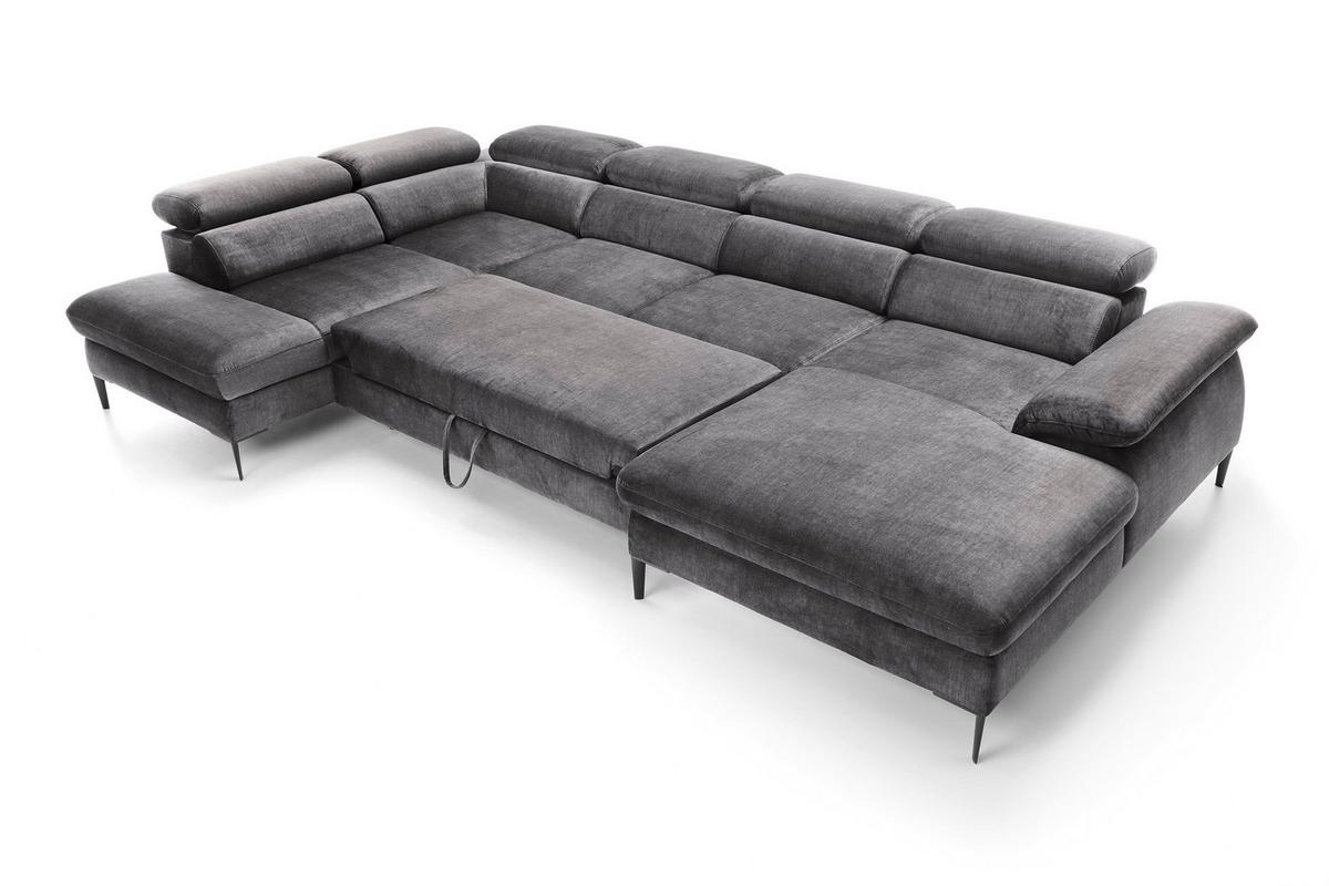 WOHNLANDSCHAFT MESTO Grau Velours-Stoff mit Schlaffunktion - Grau, Holz (353/94/182cm) - MASSENO