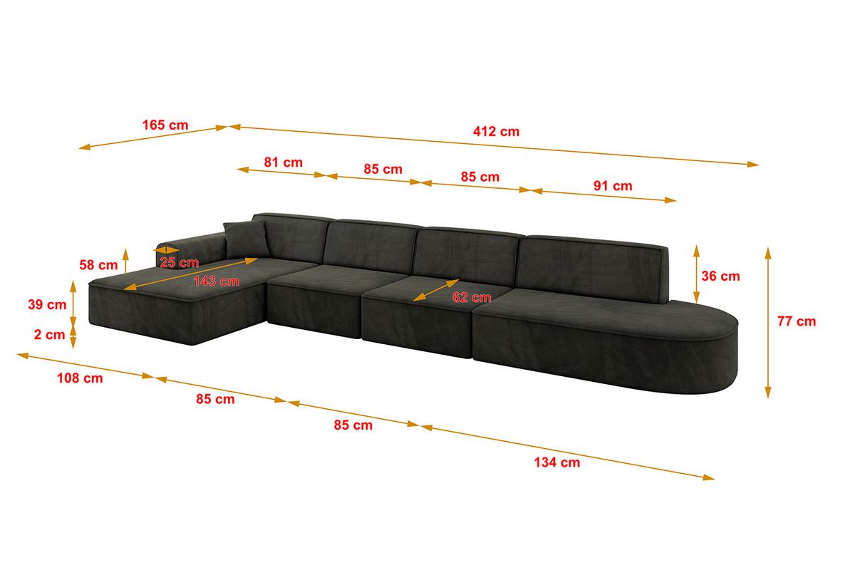 ECKSOFA Ottomane Links IREA-L3-v3 - 412x165x77 cm Schwarz - Schwarz, Holzwerkstoff/Textil (412/165cm) - ALTDECOR