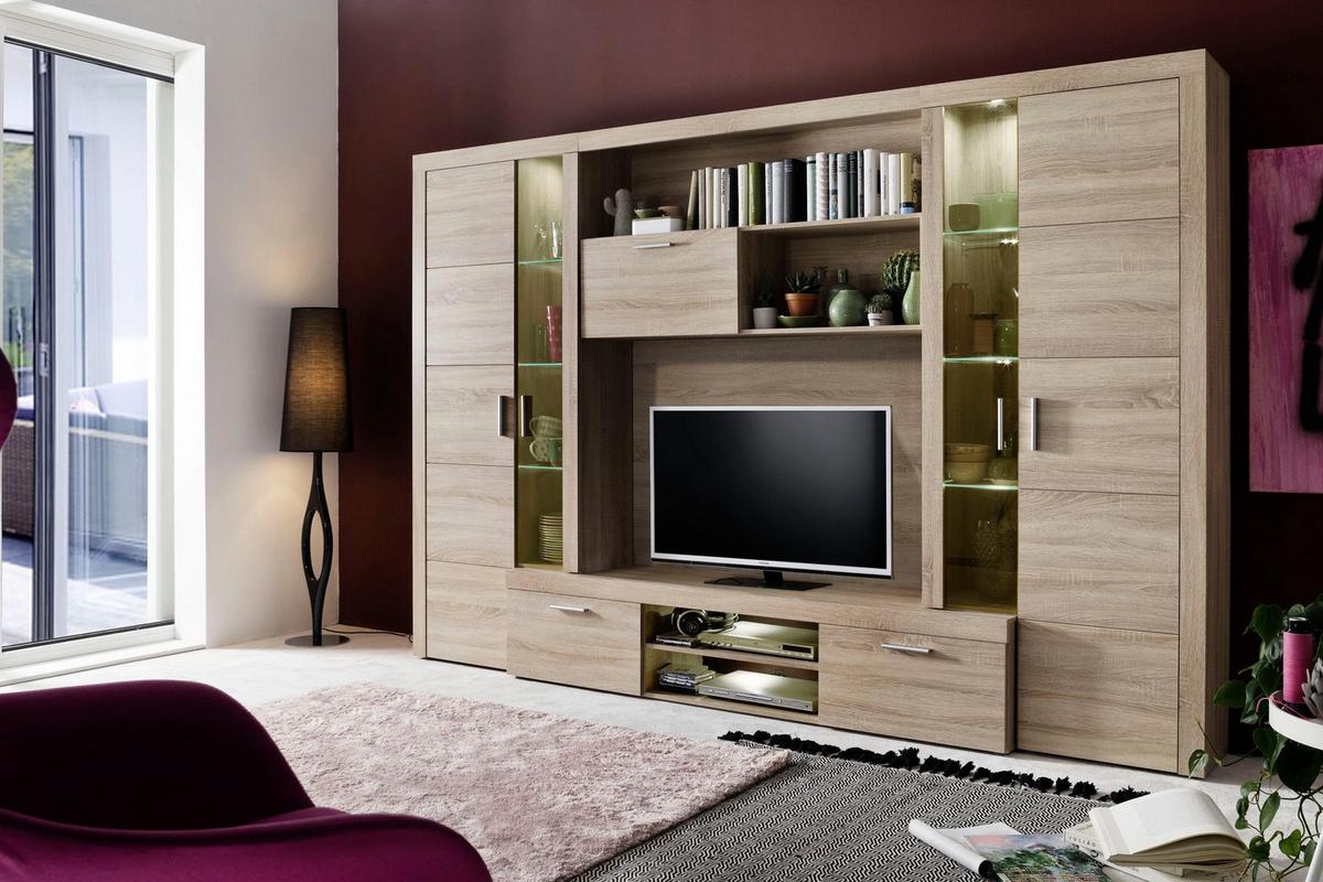 WOHNWAND Sonoma Eiche hell 291 cm, Schrankwand inklusive Beleuchtung - Eichefarben/Silberfarben, Glas/Holzwerkstoff (291/197/41cm) - Top.Furn
