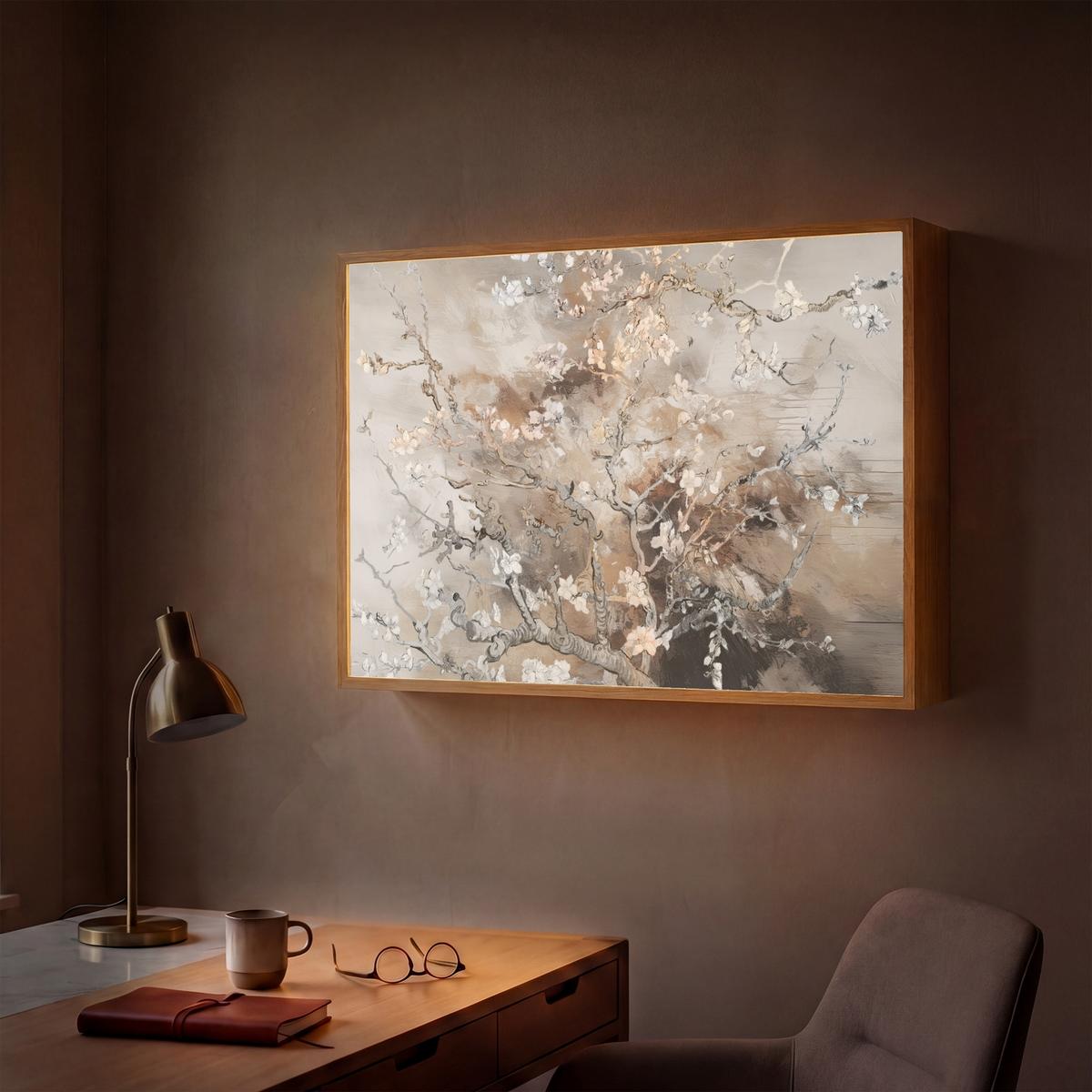 WANDLEUCHTE MIT AKKU Mandelblüte - Kunst - Van Gogh - Beige - Abstrakt 100x70 cm - Graubraun, Holzwerkstoff (100/70/8cm) - OnlyWow