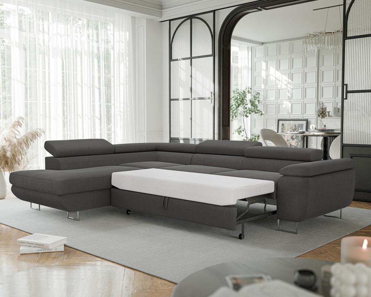 ECKSOFA ANTON links, mit Schlaffunktion und Bettkasten Anthrazit - Chromfarben/Anthrazit, Textil/Metall (274/203cm) - Idohome