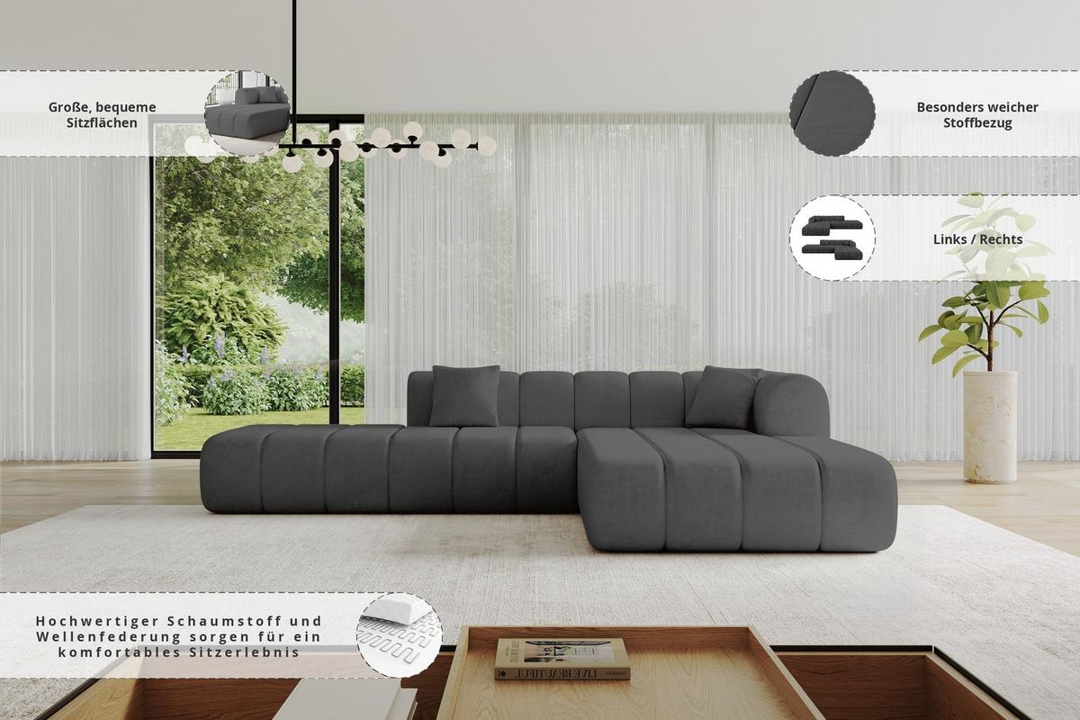 ECKSOFA Ottomane Rechts BILA-L 289x176x71 Dunkelgrau Samt - Dunkelgrau/Anthrazit, Holzwerkstoff/Kunststoff (289/176cm) - ALTDECOR
