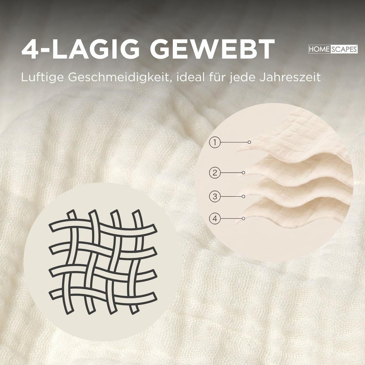 WOHNDECKE Musselin offwhite mit Quasten - Creme, Textil (127/180cm) - Homescapes