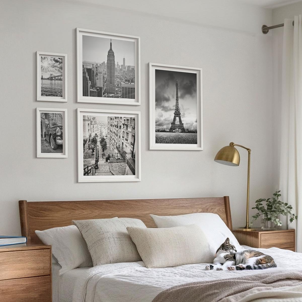 BILDER SET 5er Set - 50x50 cm & 20x30 cm & 40x60 cm Weißer Rahmen - Neonlinienwellen im Hintergrund - Weiß, Kunststoff (40/60cm) - TULUP