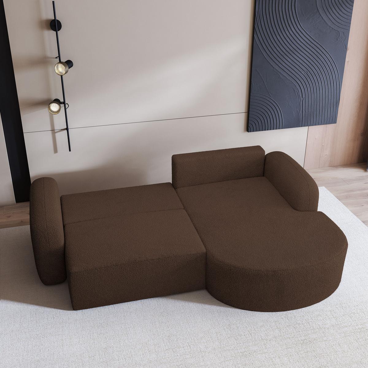 ECKSOFA AMILIA R-S Braun Boucle-Stoff mit Schlaffunktion - Braun, Holz (263/174cm) - MASSENO