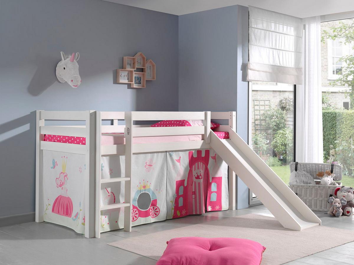 HOCHBETT mit Rutsche Karolina Massivholz Weiß Textilset Princess 1 - Magenta/Weiß, Holz (90/200cm) - 58aufmkessel