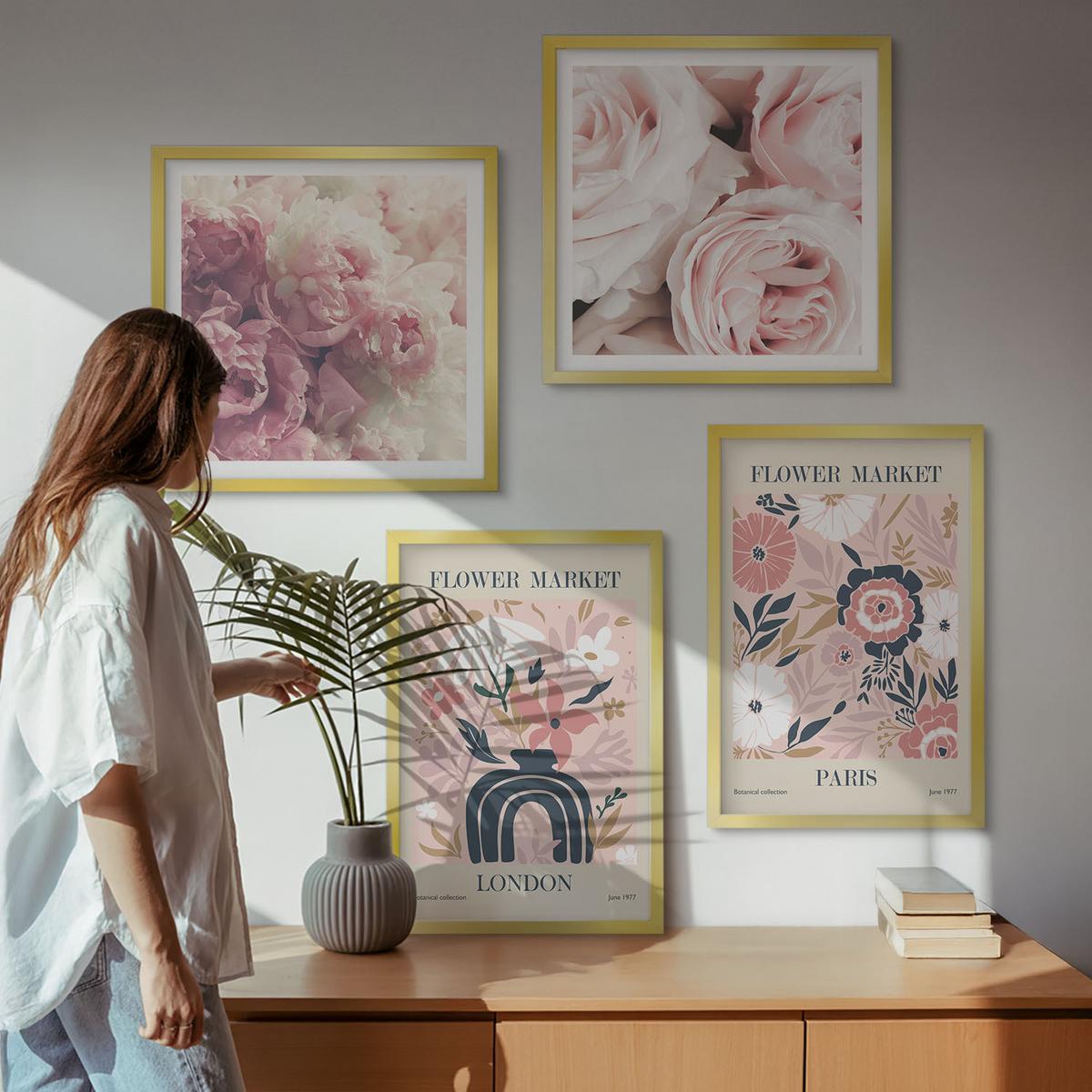 BILDER SET 4er Set - 50x50 cm & 40x60 cm Goldrahmen - Blumenmotive Rosen Paris - Goldfarben, Kunststoff (50/50cm) - TULUP