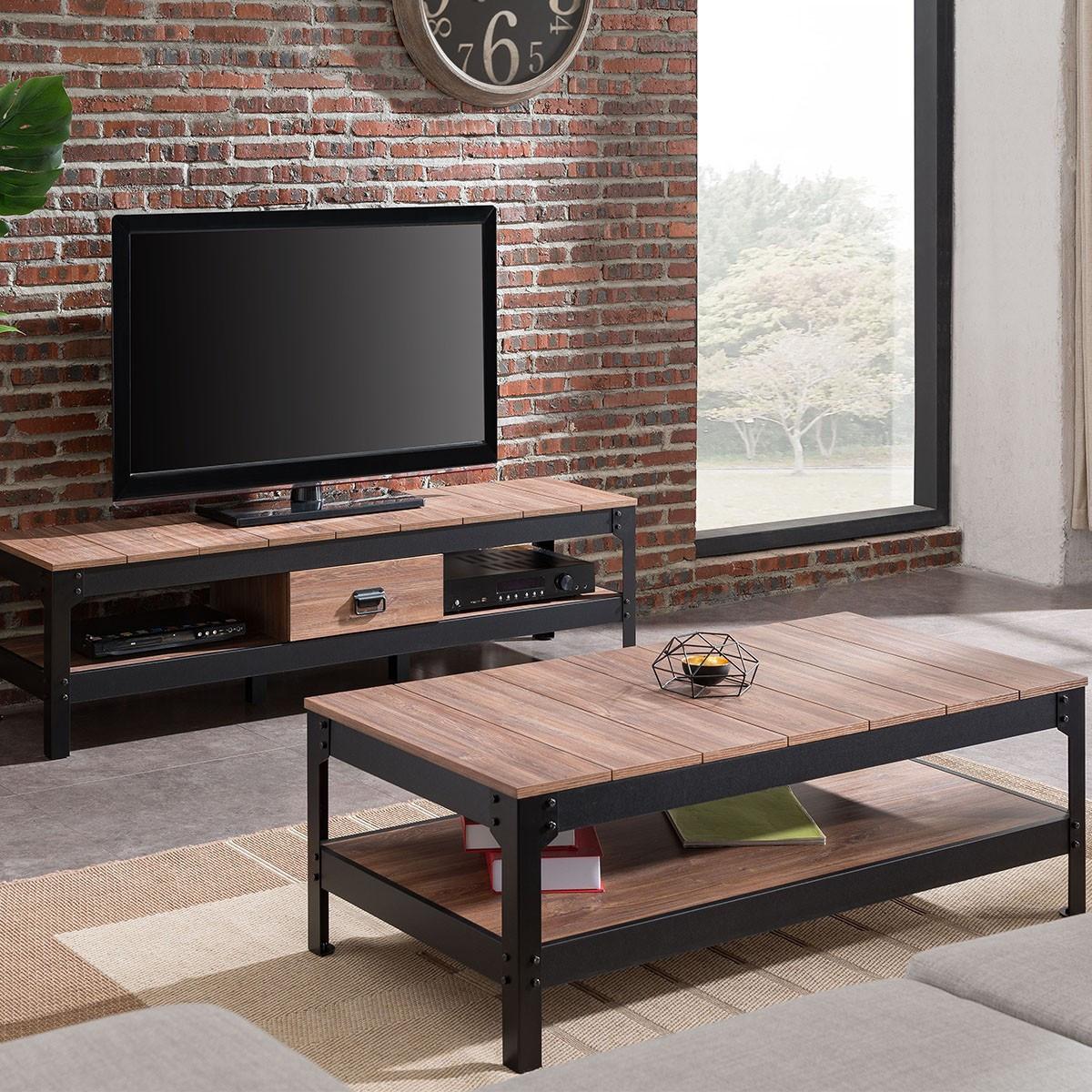 COUCHTISCH aus schwarzem Metall und Holz - L117cm - Schwarz, Holzwerkstoff (67/60/40cm) - Calicosy