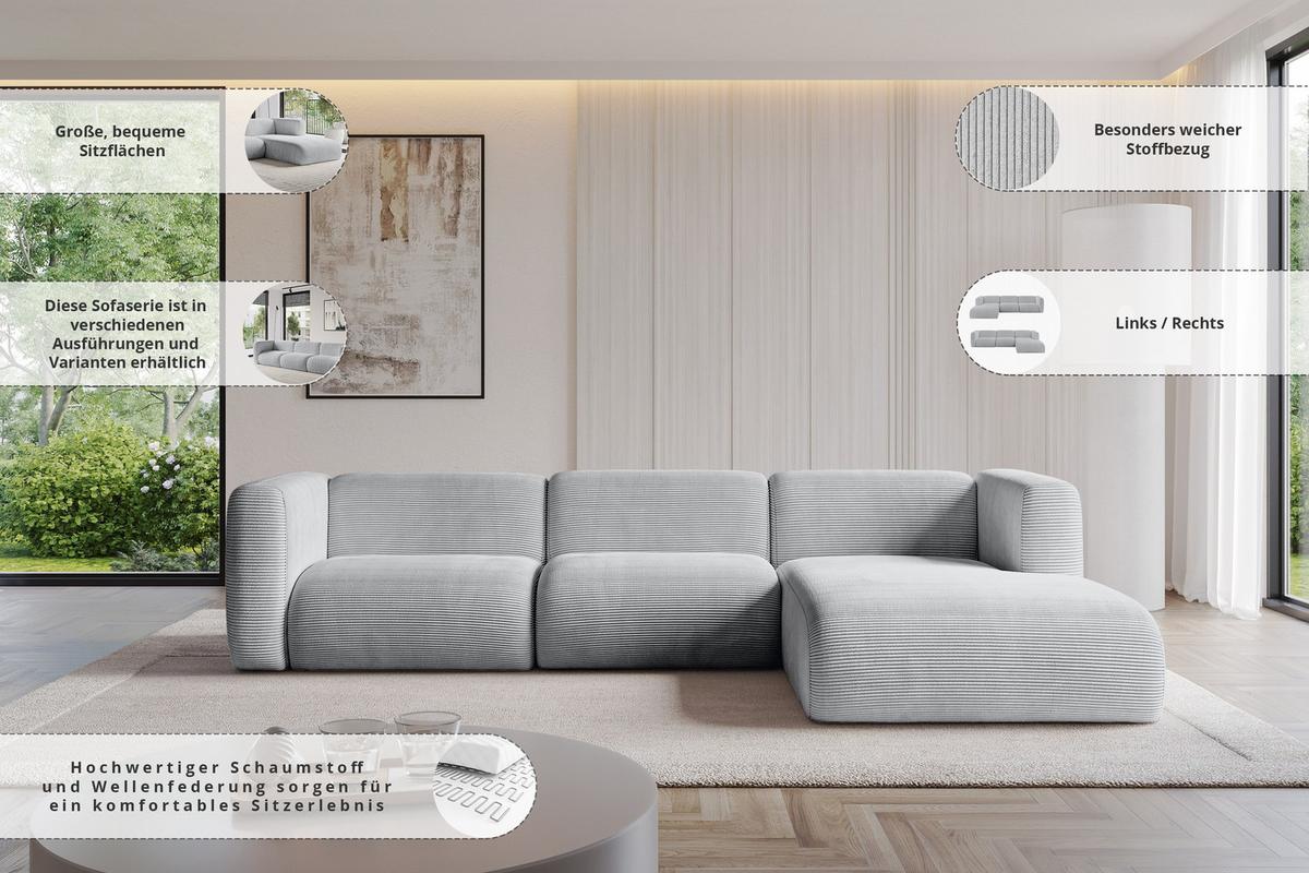 ECKSOFA Ottomane Rechts MIRA-L2 318x179x89 Beige Velours - Beige/Schwarz, Holzwerkstoff/Kunststoff (318/179cm) - ALTDECOR