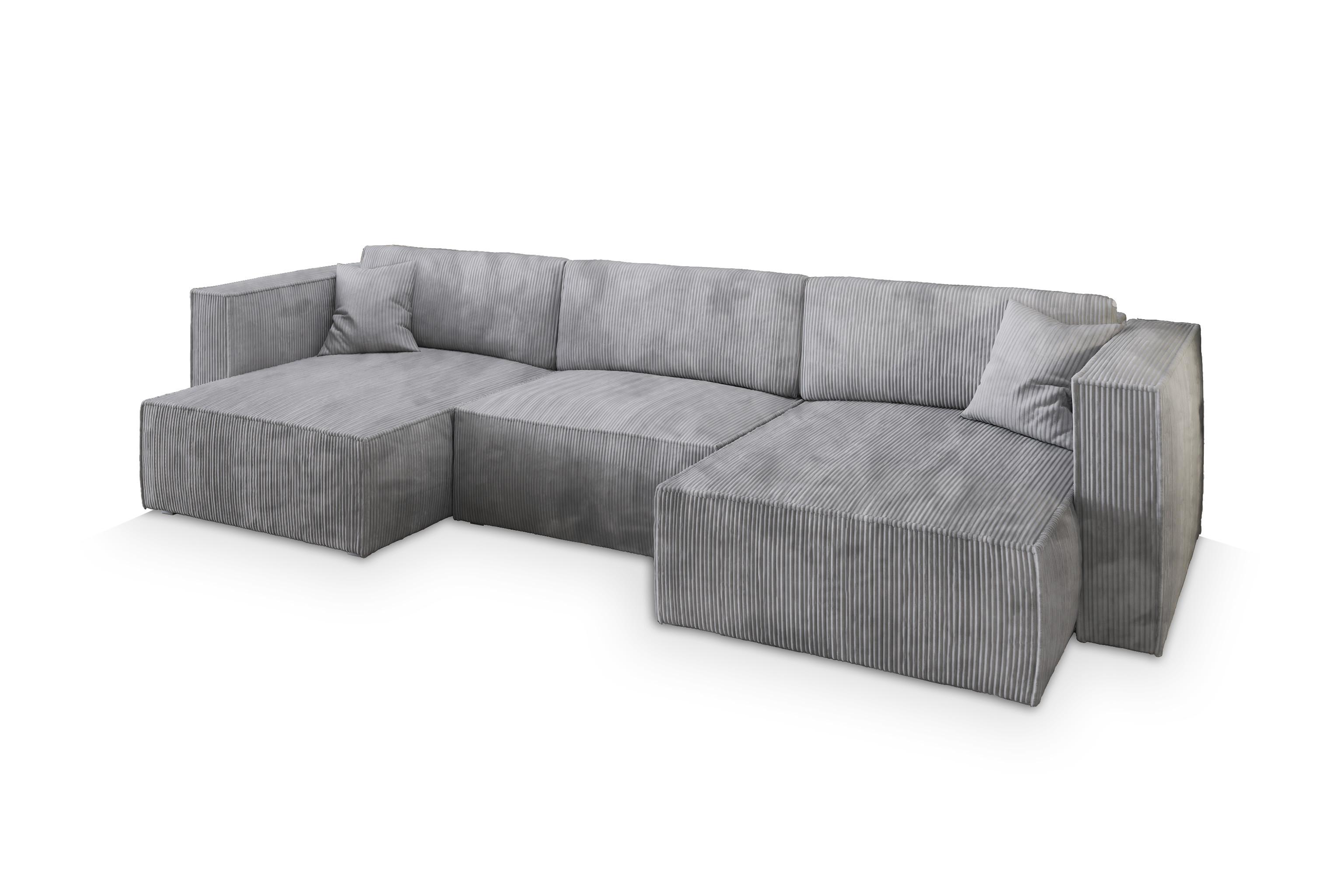 WOHNLANDSCHAFT SARMO P Hellgrau Kordstoff mit Schlaffunktion - Hellgrau/Grau, Holz/Kunststoff (347/70/148cm) - MASSENO