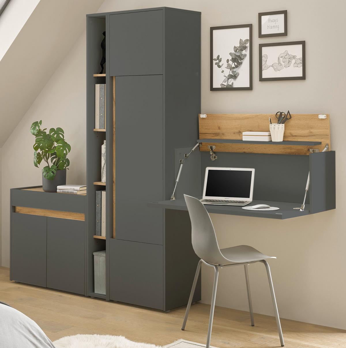 SEKRETÄR Grau matt, Eiche Wotan 100 cm, Wandschrank mit klappbarem Oberboden - Eiche Wotan/Grau, Holzwerkstoff (30/100/35cm) - Furn.Design