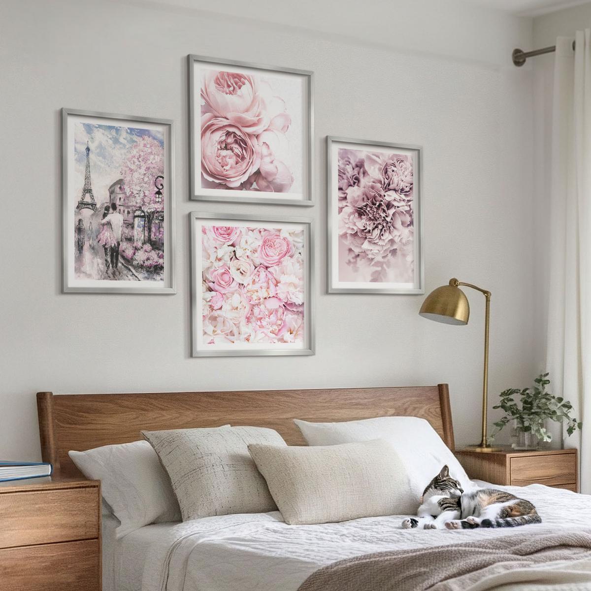 BILDER SET 4er Set - 50x50 cm & 40x60 cm Silberner Rahmen - Rosa Blumen, romantische Landschaft - Silberfarben, Kunststoff (50/50cm) - TULUP