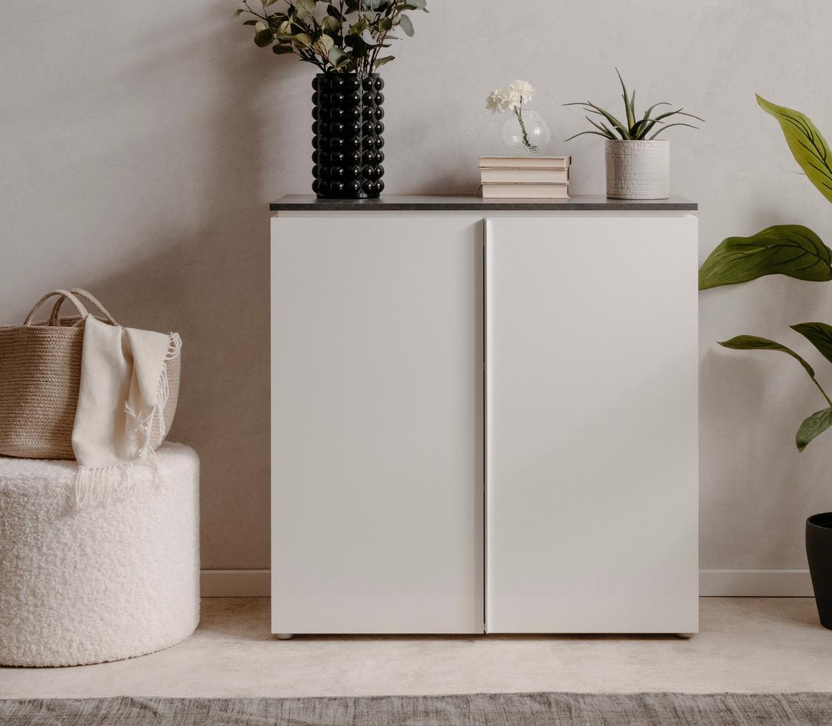 KOMMODE weiß Glanz, grau 89 x 92 cm, Sideboard 2-türig - Chromfarben/Silberfarben, Holzwerkstoff/Kunststoff (88.5/92/40cm) - Furn.Design