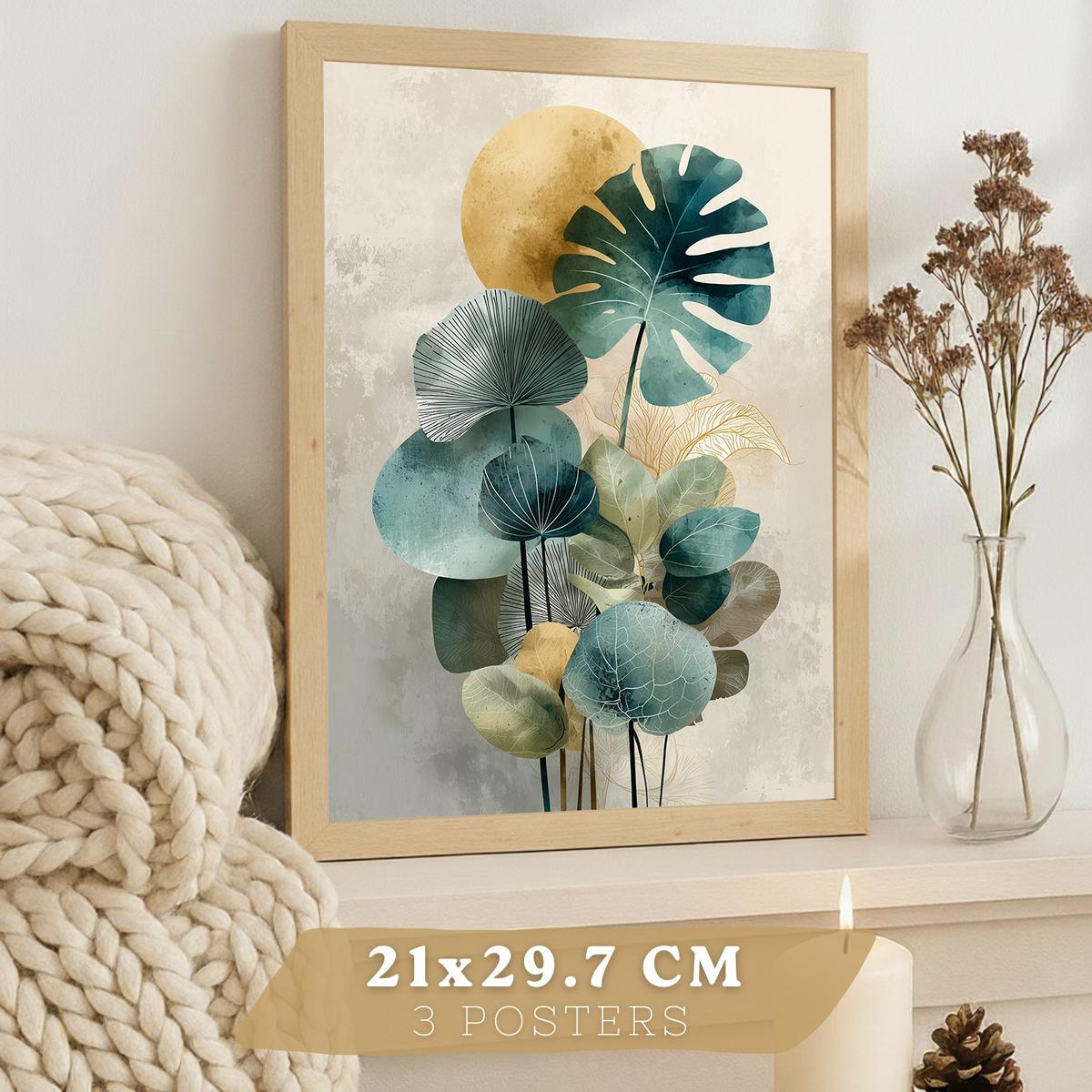 POSTER 3er-Set Wandbilder Pflanzen modern Wohnzimmer Deko, Schlafzimmer, Küche, Badezimmer Leichter Holzrahmen A3 - Beige, Papier (29.7/1/42cm) - Nacnic