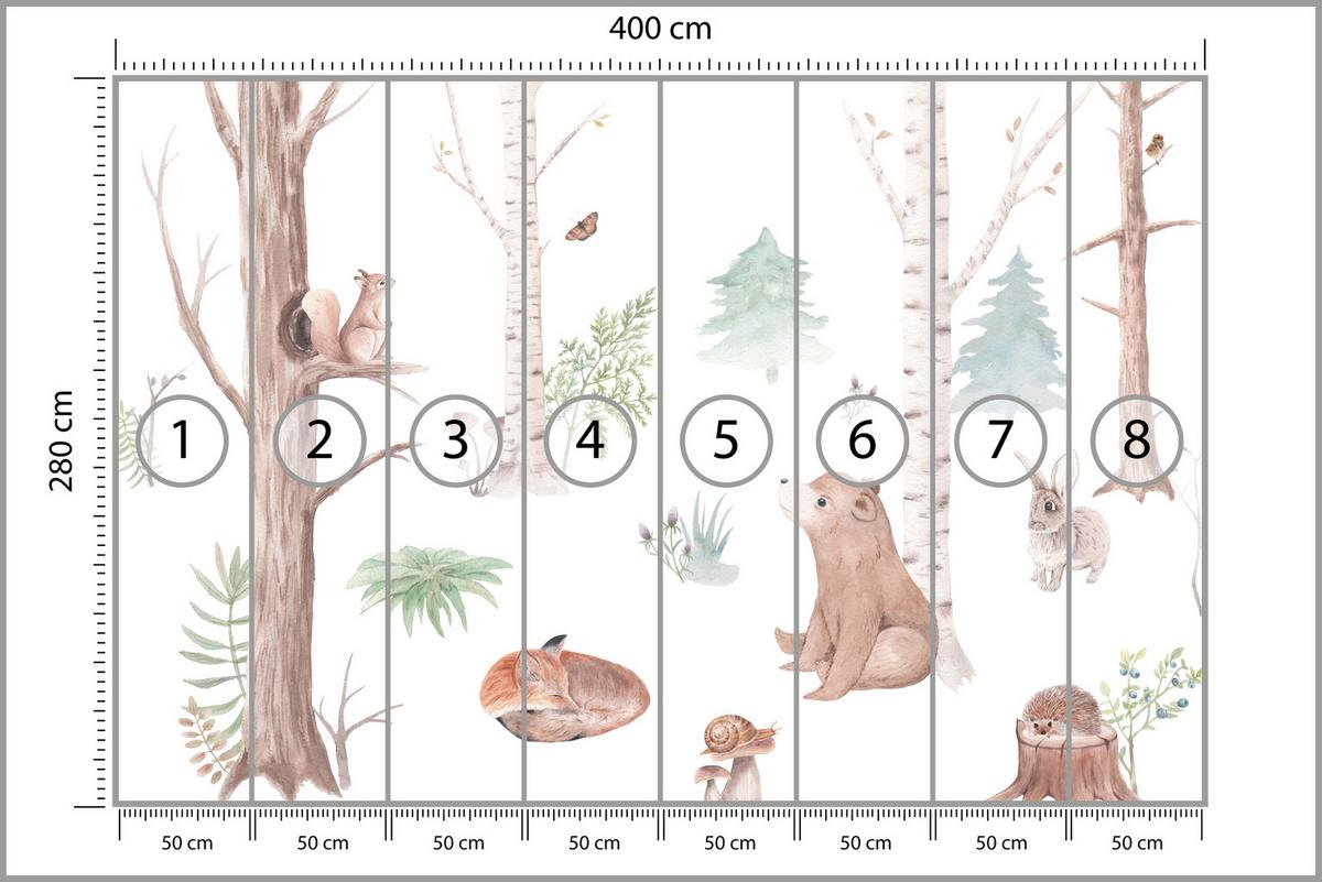 FOTOTAPETE für Kinderzimmer Wilde Waldtiere Aquarell Bäume 400x280 - Orange/Braun, Papier (400/280cm) - Muralo