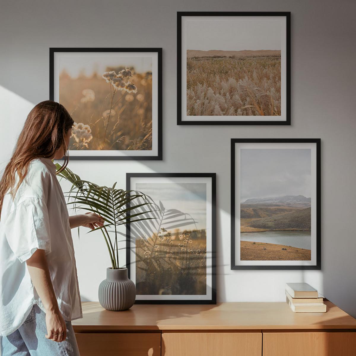 BILDER SET 4er Set - 50x50 cm & 40x60 cm Schwarzer Rahmen - Landschaften Wiesen Berge See - Schwarz, Kunststoff (50/50cm) - TULUP