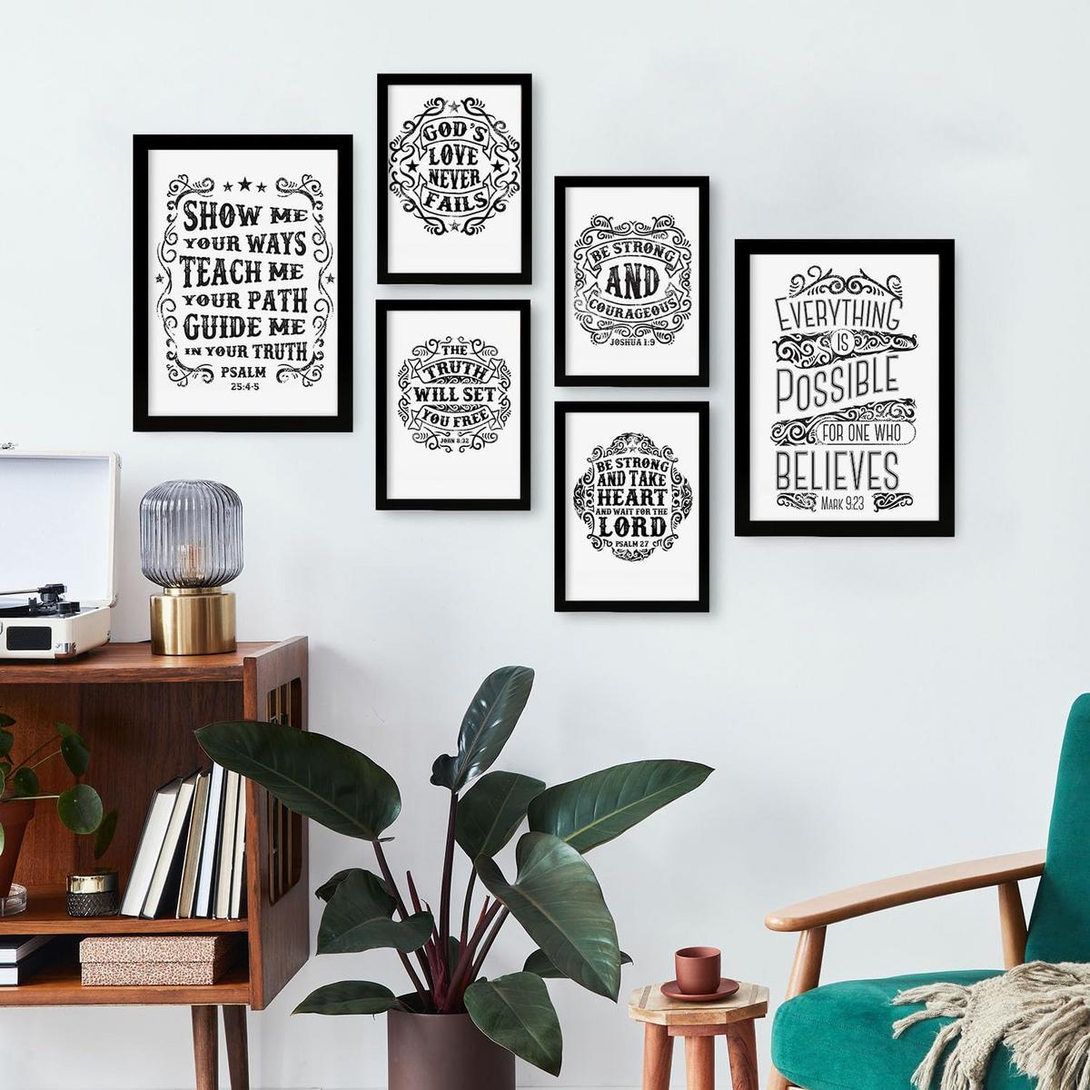 POSTER Set Mit 6 Biblisch In Rustikale Zitate A3 & A4 Rahmen Aus Hellem Holz - Beige, Papier (29/3cm) - Nacnic