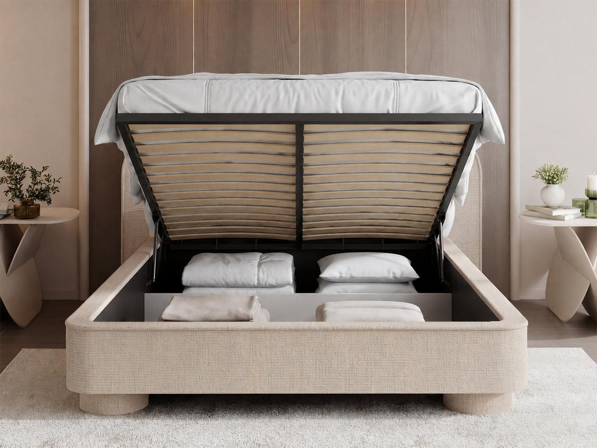 POLSTERBETT Aurora mit Bettkasten, Lattenrost & gepolsterten Füßen in Creme Chenille 200x200 cm - Birkefarben/Creme, Holzwerkstoff/Textil (200/200cm) - WFL GROUP