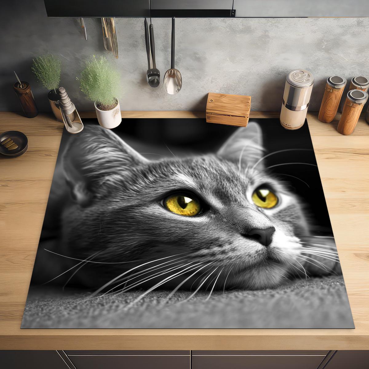 HERDABDECKPLATTE Katze - Grau - Tiere - Katze Induktionsmatte 78x78 cm - Grau, Kunststoff (78/78/0.2cm) - MuchoWow