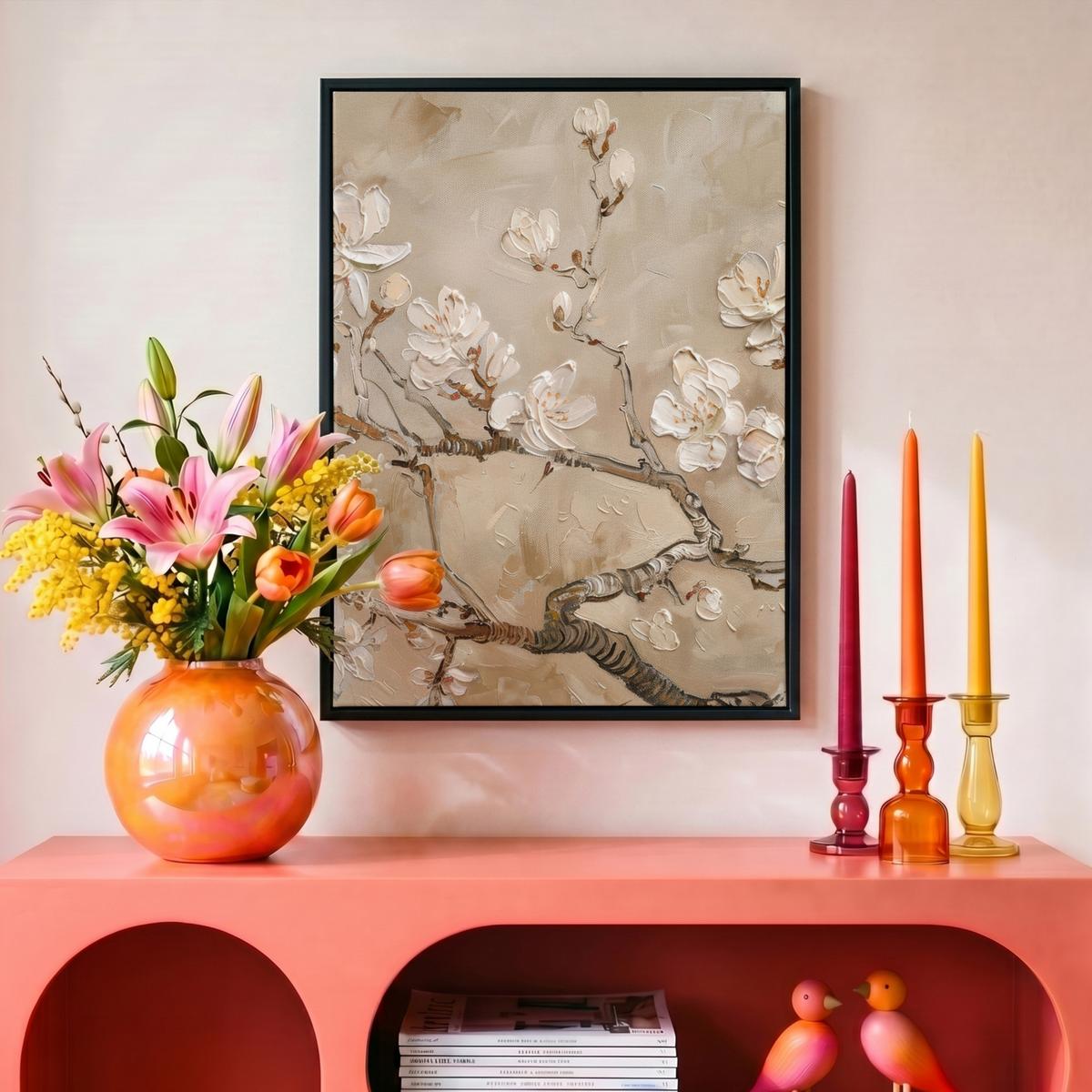 LEINWAND Bilder mit Rahmen - Blumen - Modern - Beige - Weiß - Blüte - 30x40 - Beige, Textil (30/40cm) - MuchoWow