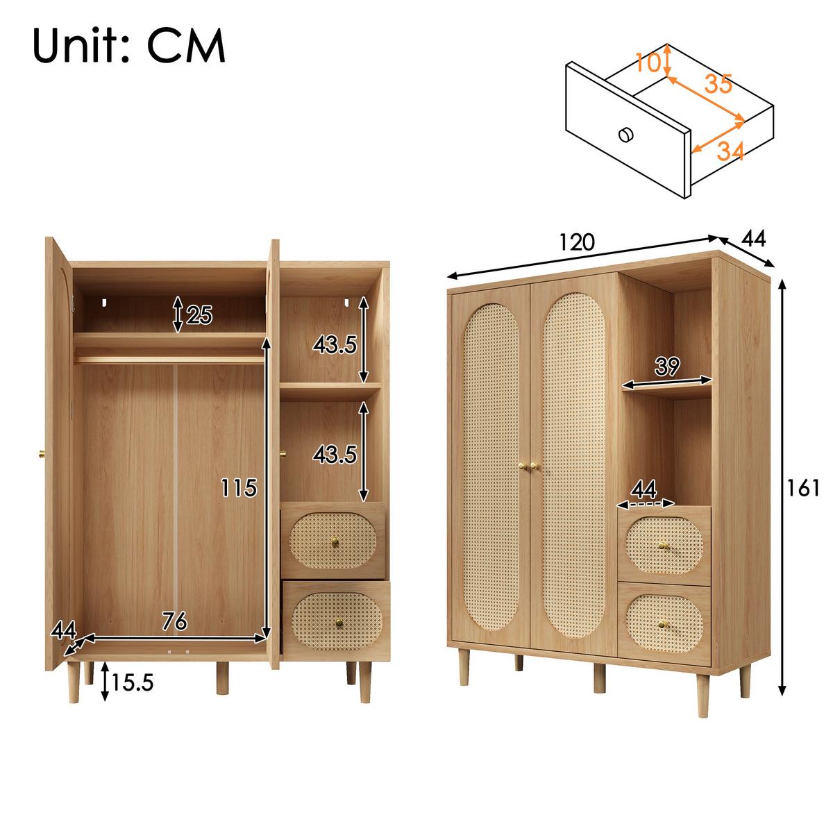 KLEIDERSCHRANK in Eichenoptik mit Rattan-Dekor, offenen Regalen und 2 Schubladen - Eichefarben, Holz (120/161/44cm) - Urban Meuble