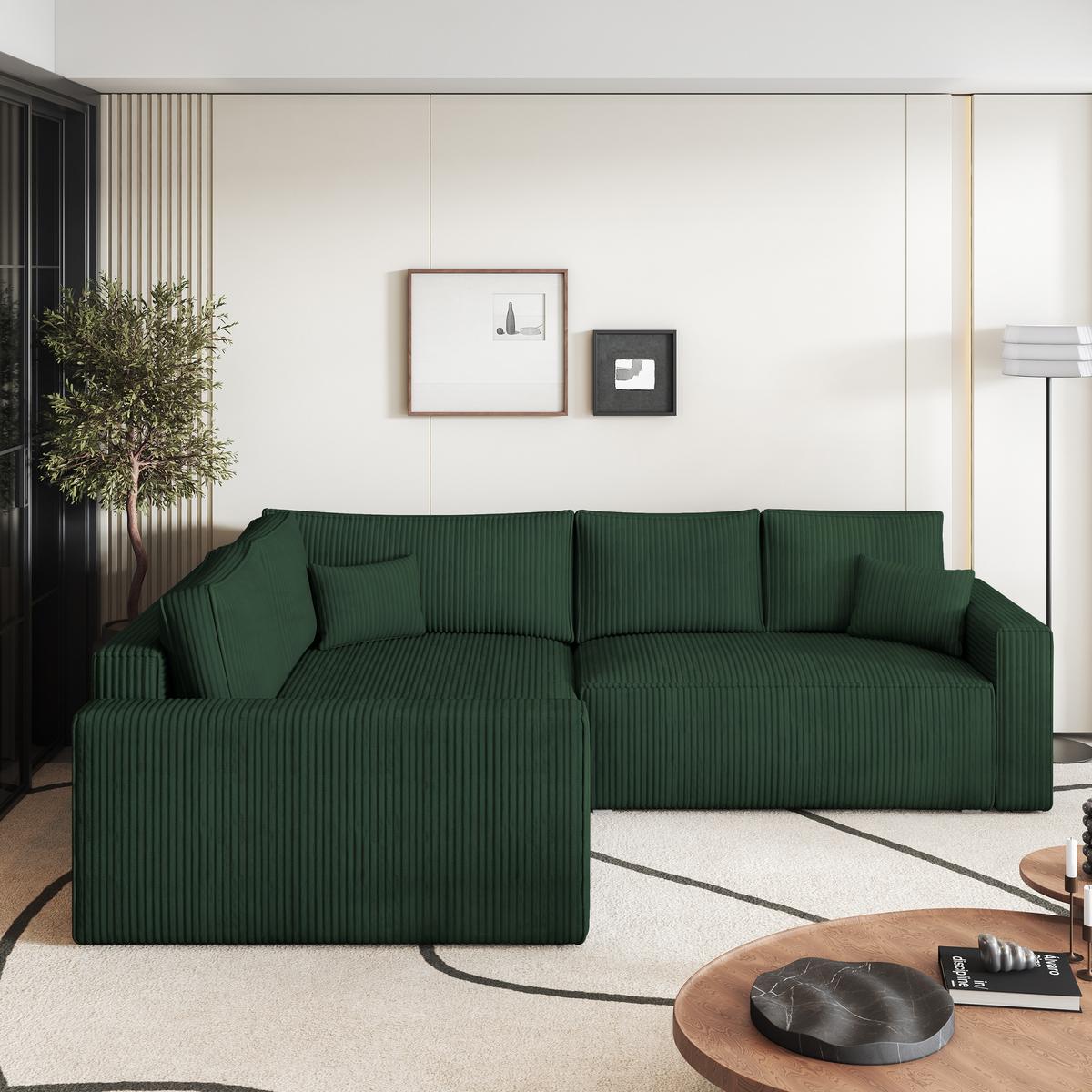ECKSOFA ERONIS L-S Grün Kordstoff mit Schlaffunktion - Grün, Holz (265/194cm) - MASSENO