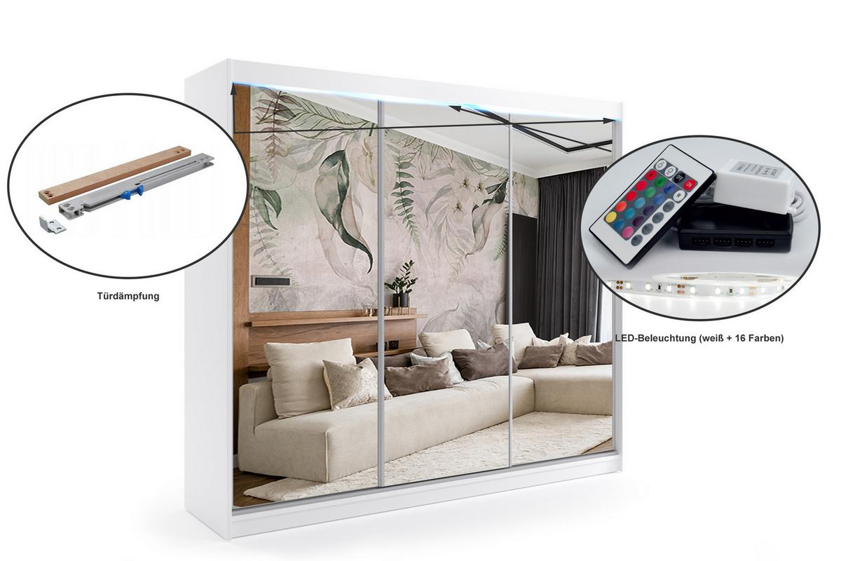 KLEIDERSCHRANK mit Spiegel-Schiebetüren und Aluminium-Leisten, LED-Beleuchtung - DEBI - 240 cm Weiß - Weiß, Holzwerkstoff (240/216/61cm) - ALTDECOR