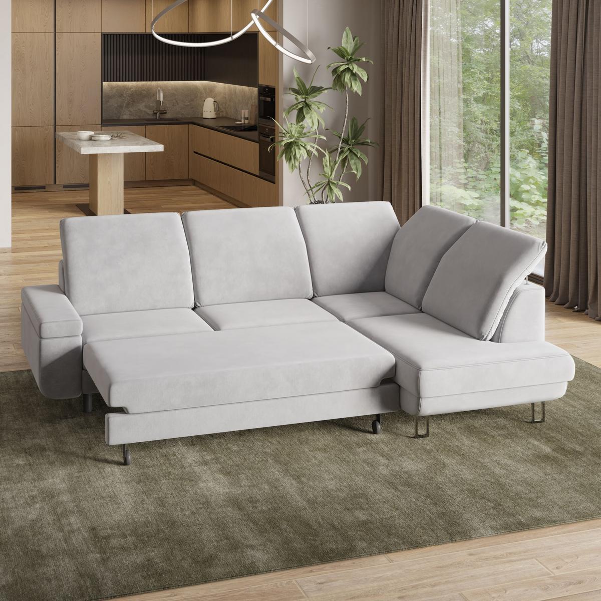 ECKSOFA LERMA R-S Beige Velours-Stoff mit Schlaffunktion - Beige/Silberfarben, Holz/Textil (253/190cm) - MASSENO