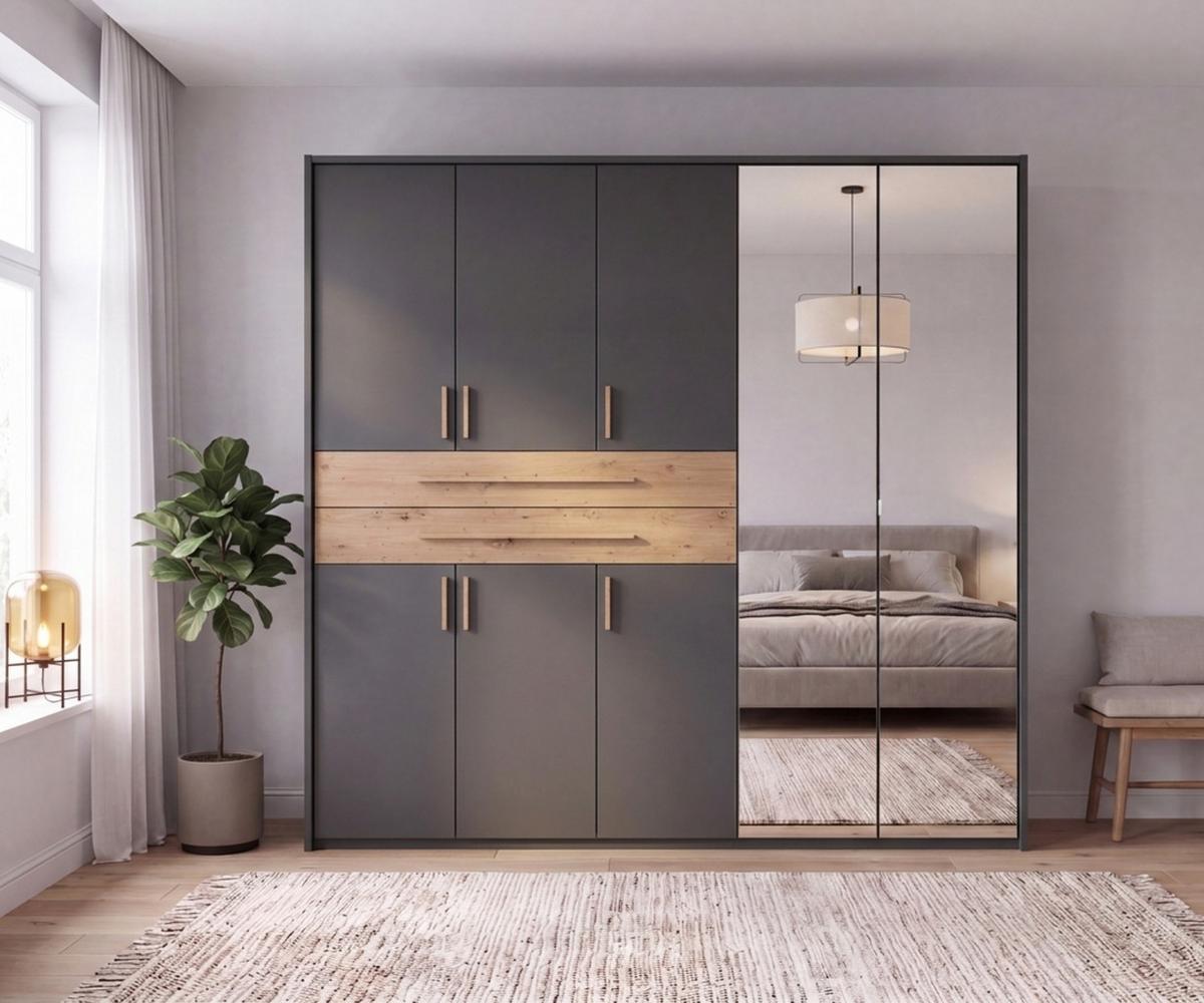 DREHTÜRENSCHRANK B228/H210/T58 cm Grafit, Kleiderschrank mit Passepartout, 2 Spiegeltüren, 2 große Schubkästen & Griffe in Eiche Artisan Dekor / 22640 - Graphitfarben/Eiche Artisan, Holzwerkstoff/Kunststoff (228/210/58cm) - luma-home