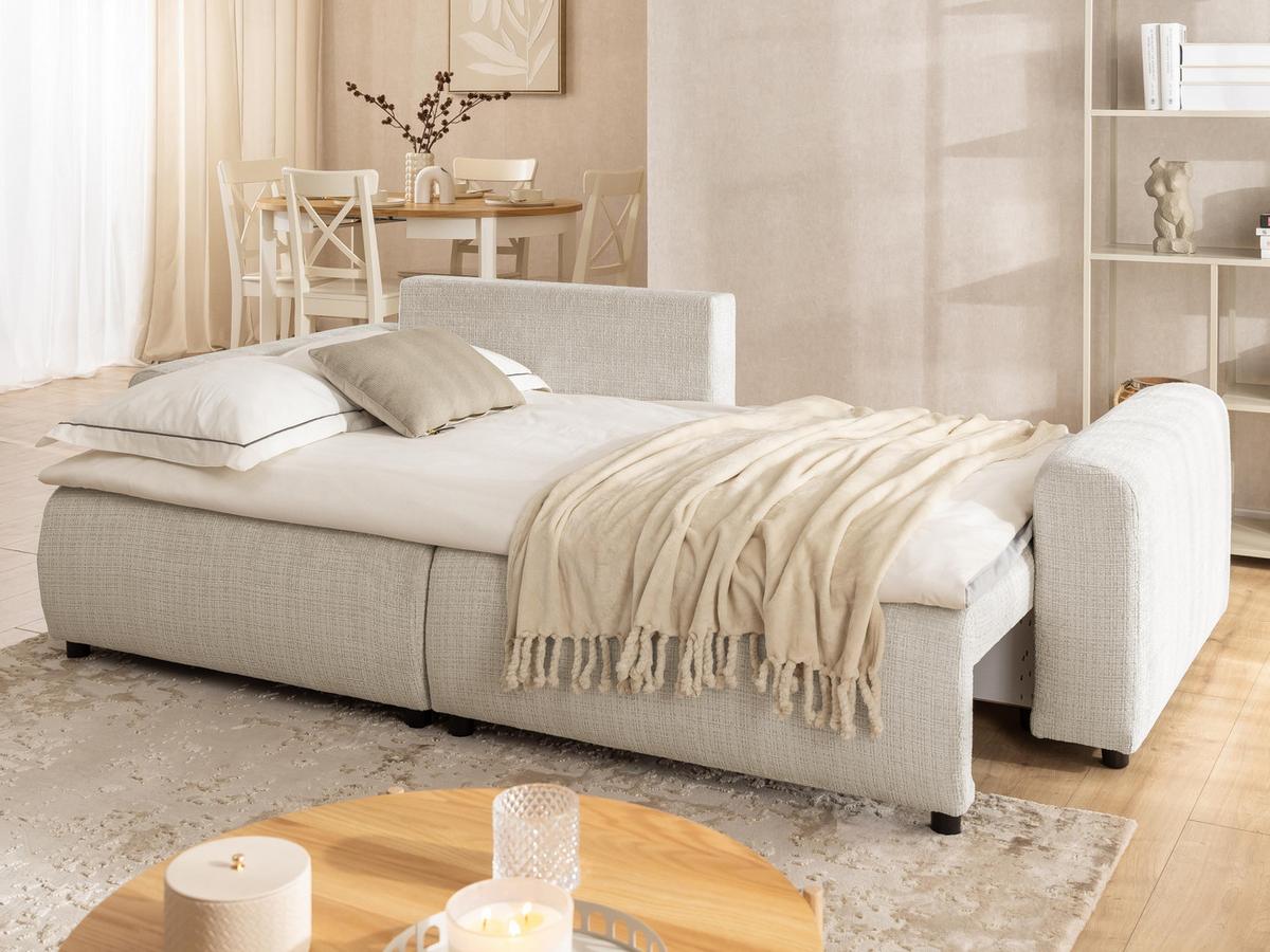 ECKSOFA Calma mit Schlaffunktion und Bettkasten im Bumpy-Design aus weichem Beige Chenille-Stoff - Ottomane links - Beige/Schwarz, Holz/Kunststoff (140/239cm) - S-Style Möbel