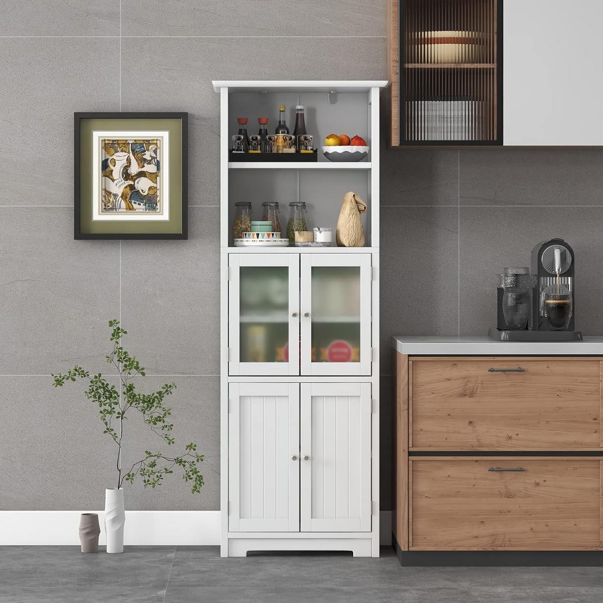 BADSCHRANK mit Glastüren Weiß - Weiß, Holz (60/163/30cm) - COSTWAY