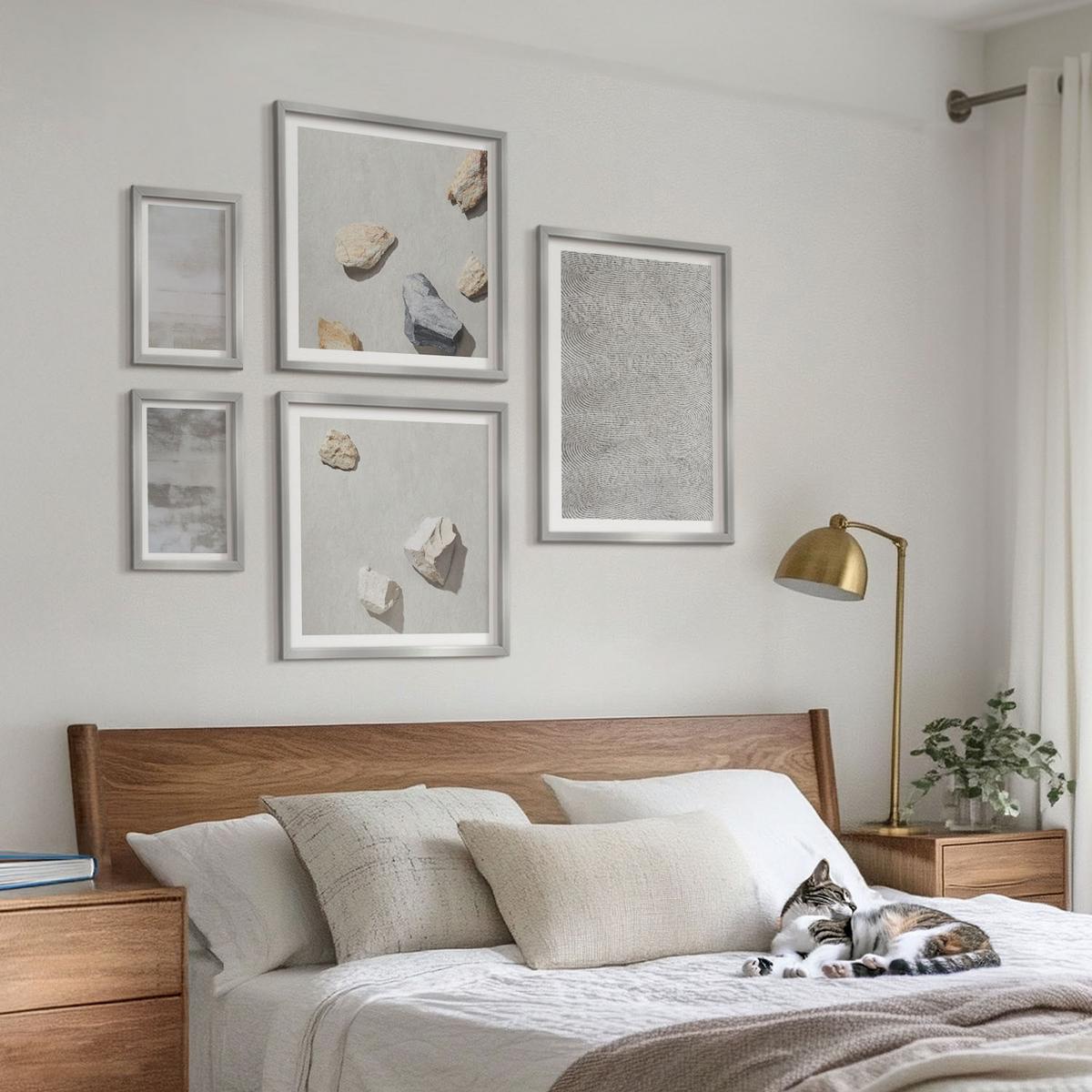 BILDER SET 5er Set - 50x50 cm & 20x30 cm & 40x60 cm Silberner Rahmen - Moderne minimalistische Texturen - Silberfarben, Kunststoff (40/60cm) - TULUP