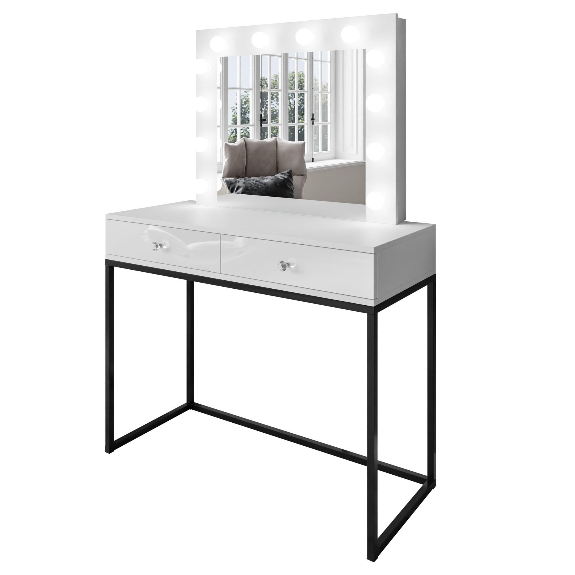 SCHMINKTISCH BLANCO LOFT mit Spiegel und Beleuchtung Weiß Hochglanz Weißer Kristallgriff - Weiß Hochglanz/Schwarz, Holzwerkstoff (100/146/42cm) - Lookway