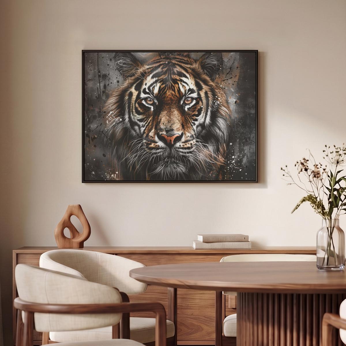 LEINWAND Bilder mit Rahmen - Tiger - Tiere - Porträt - Luxus - Schwarz - 70x50 - Braun, Textil (70/50cm) - MuchoWow