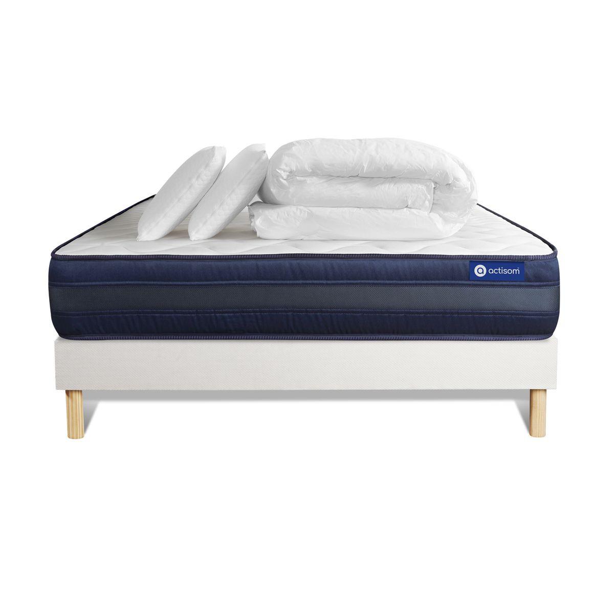BETT Actiflex tech Taschenfederkern und Memory-Schaum 160 x 200 cm h4 - Kit Bettgestell Weiß - Mit Kissen und Bettdecke - Beige/Weiß, Karton/Holz (160/200cm) - ACTISOM
