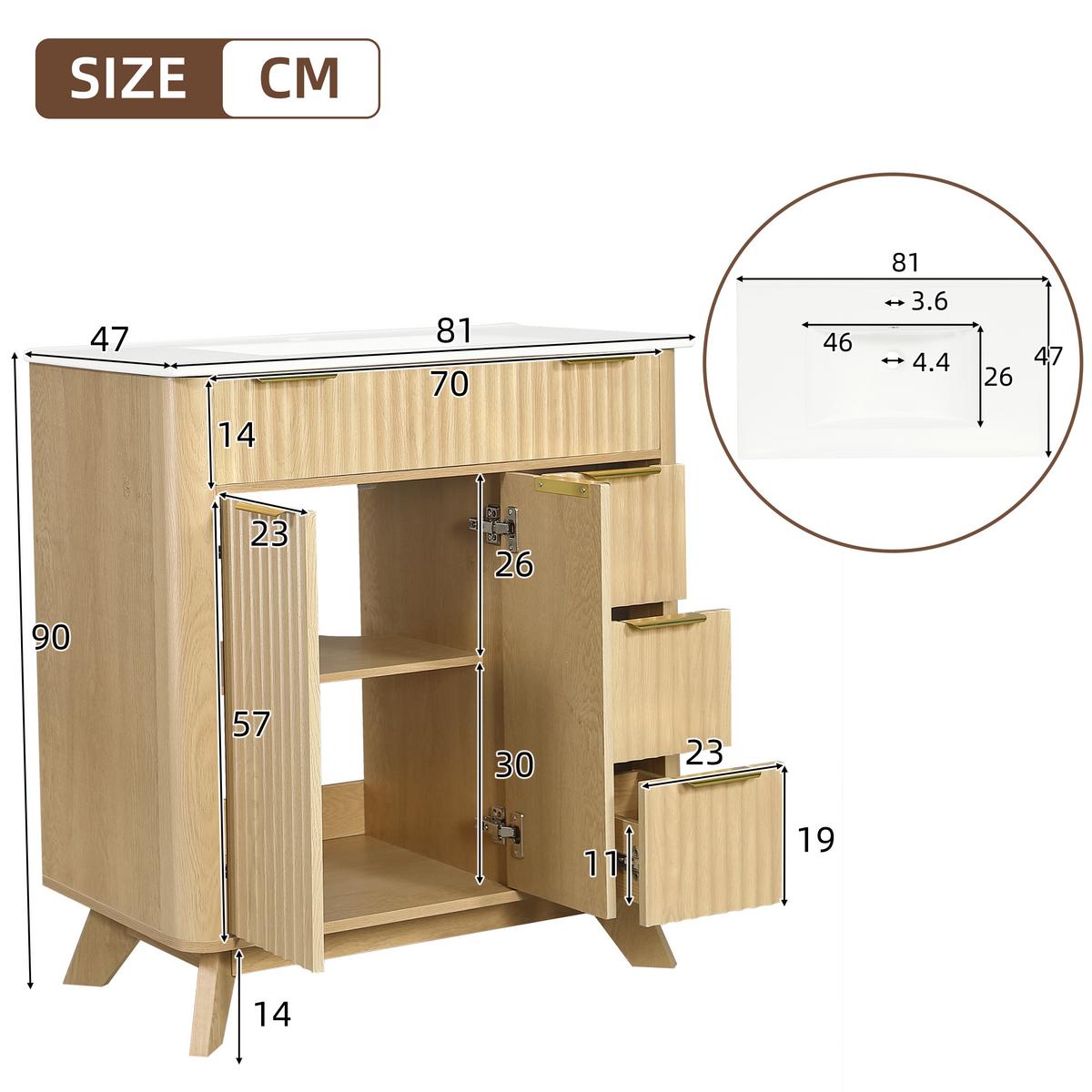 WASCHTISCHUNTERSCHRANK Holzoptik Wellenmuster 3 Schubladen & Doppeltüren - Naturfarben, Holzwerkstoff (81/90/47cm) - Urban Meuble