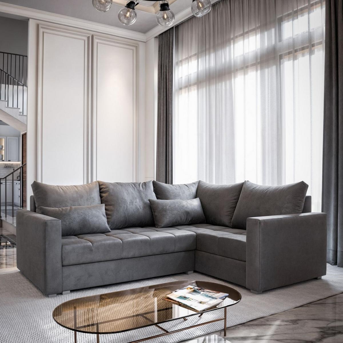 ECKSOFA LIRENO R-S Grau Plüsch-Stoff mit Schlaffunktion - Grau, Holz/Kunststoff (220/153cm) - MASSENO