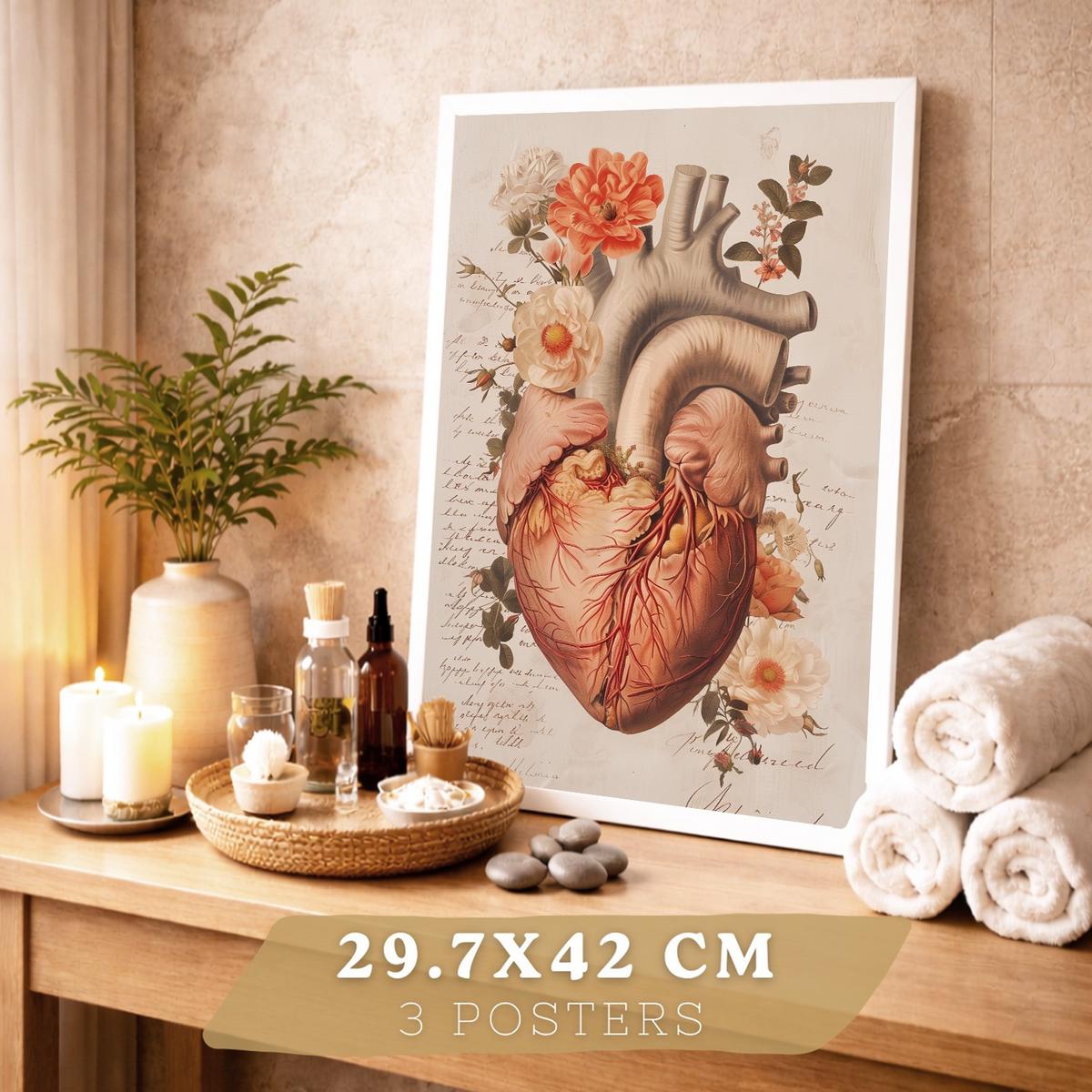 POSTER Set aus 3 Anatomie Mensch Drucke und Wandbilder mit Herz Gehirn und Schädel Vintage Floraler Stil Wanddekoration Größe Weißer Rahmen A3 - Weiß, Papier (29.7/42/3cm) - Nacnic