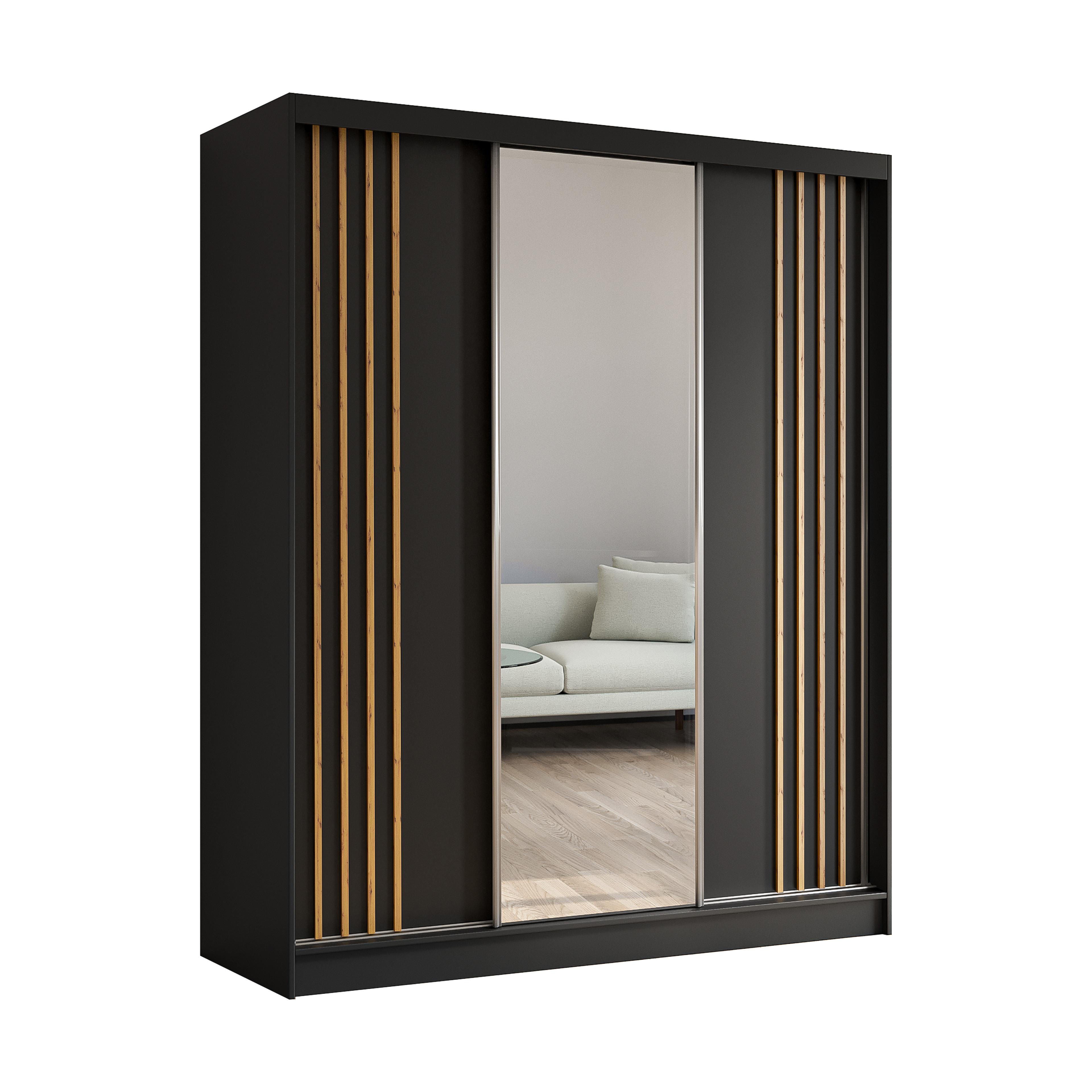 KLEIDERSCHRANK mit Spiegel-Schiebetüren und Aluminium-Leisten, LED-Beleuchtung - NALLA - 180 cm Schwarz+Schwarz+Artisan - Anthrazit/Eiche Artisan, Holzwerkstoff (180/216/61cm) - ALTDECOR