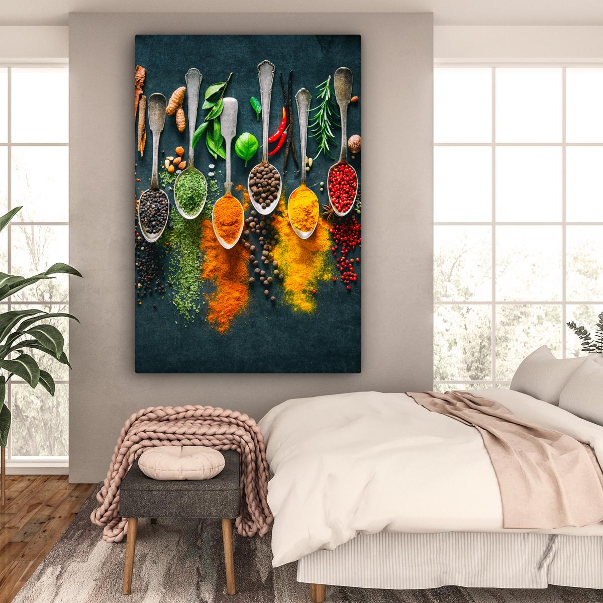 LEINWANDBILD Kräuter - Gewürze - Löffel Deko Groß 90x140 cm - Currygelb, Textil (90/140cm) - MuchoWow
