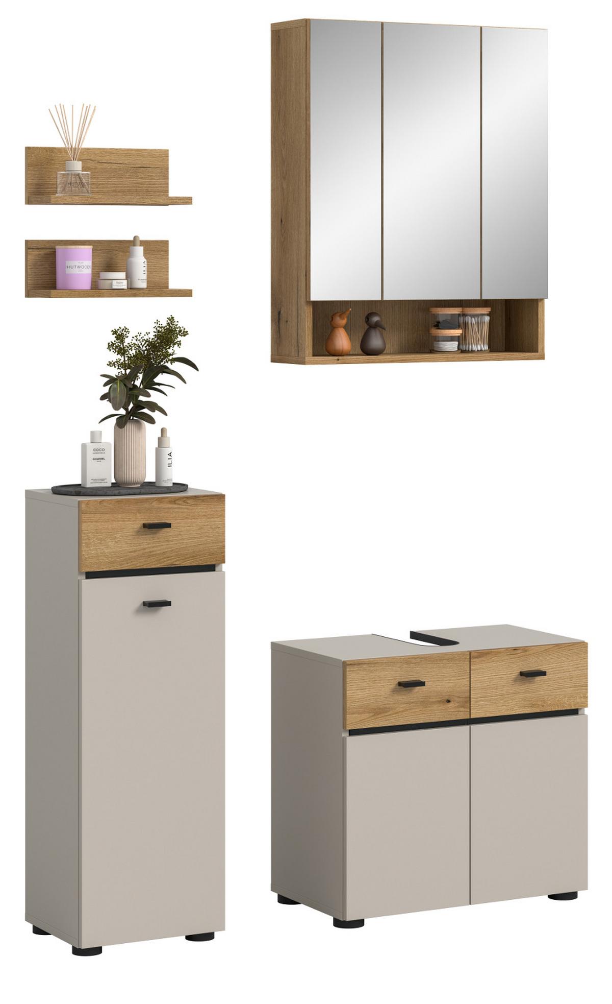 BADMÖBEL-SET Kaschmir, Evoke Eiche 5-teilig 107 cm, Komplettset in modernem Design - Kaschmir/Eichefarben, Glas/Holzwerkstoff (107/191/35cm) - Inn.Furn