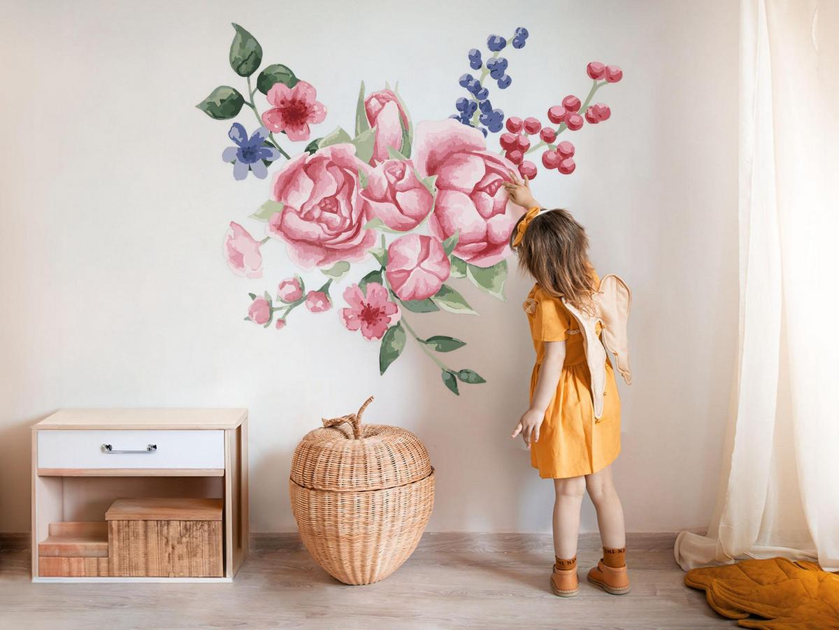WANDAUFKLEBER 130x166cm - Pfingstrosen - Multicolor, Kunststoff (130/166/0.1cm) - Wallfluent