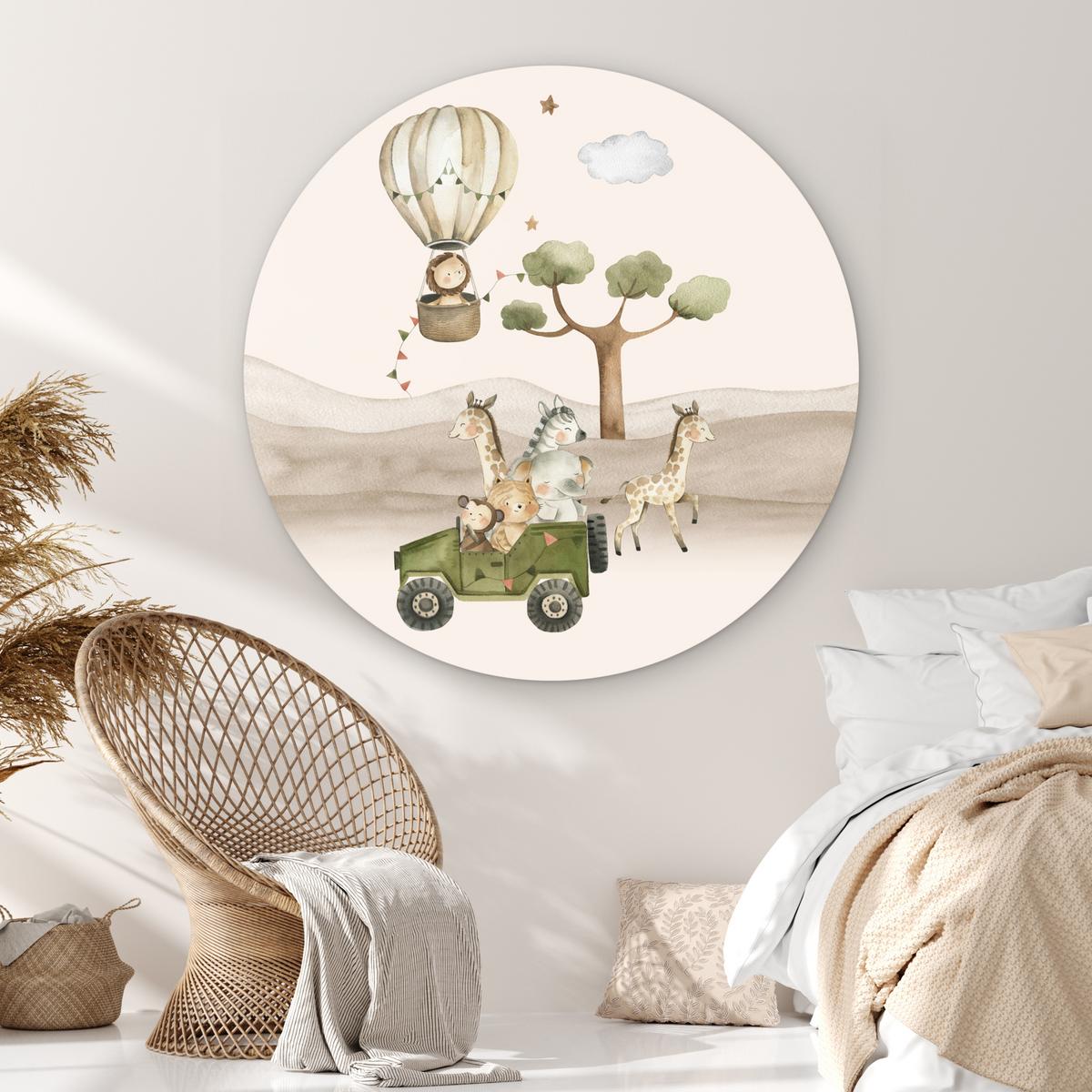 WANDBILD Wilde Tiere - Safari - Aquarell - Heißluftballon Room Decor 140x140 cm - Beige, Kunststoff (140/140cm) - MuchoWow