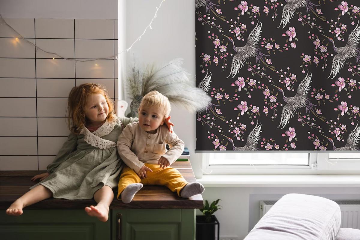 INNENROLLO - Fensterrollo - Rollo - 100x140 cm - Reiher und Blumen - Pink, Kunststoff (100/140/0.5cm) - TULUP