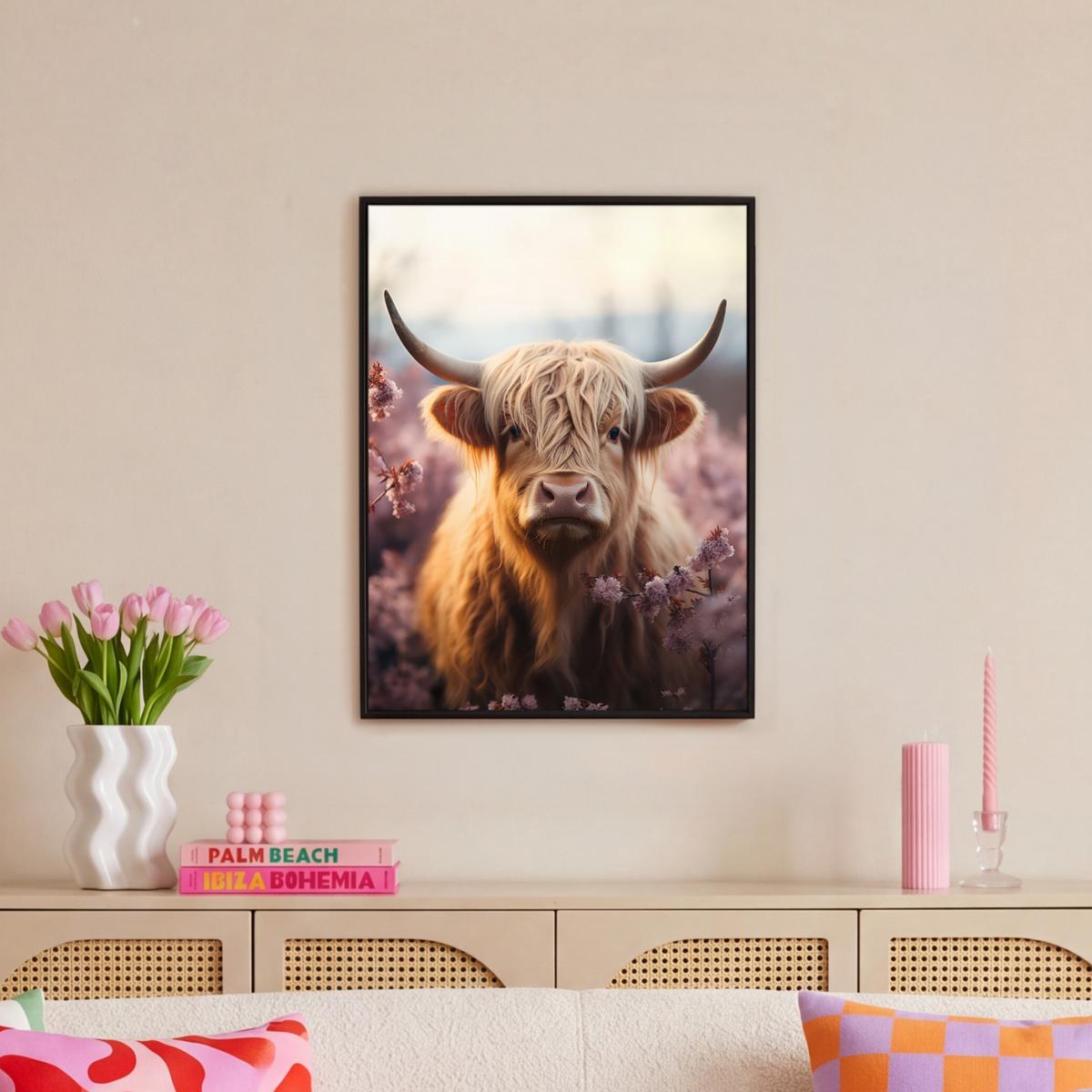 LEINWAND Bilder mit Rahmen - Schottischer Hochländer - Frühling - Hochland - 50x70 - Hellrosa, Textil (50/70cm) - MuchoWow