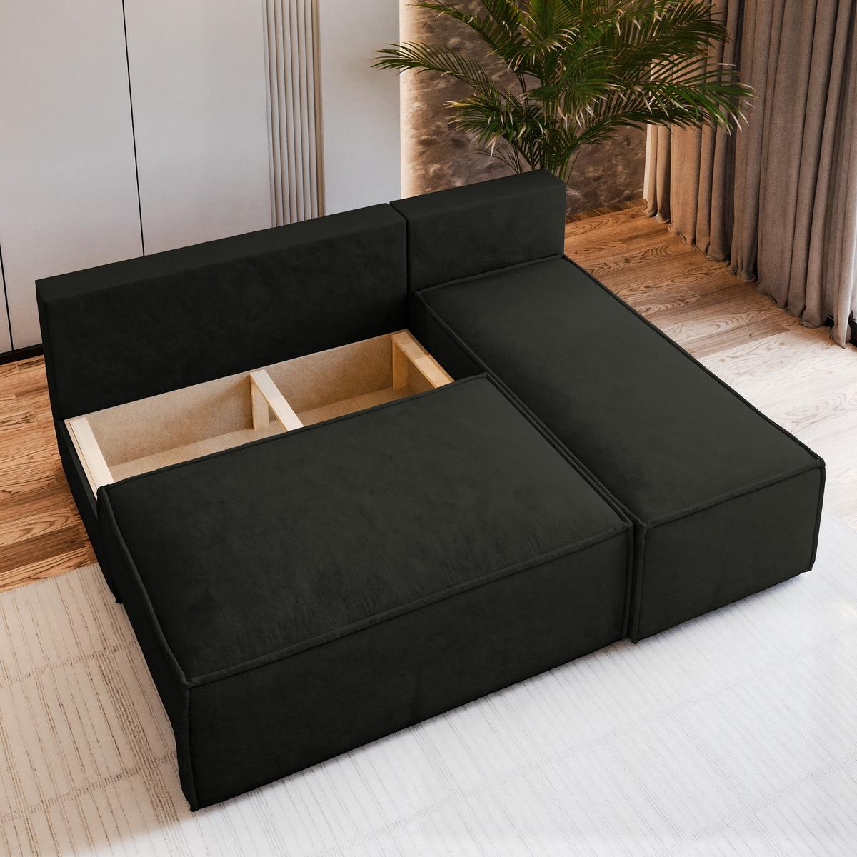 ECKSOFA BRISO M Schwarz Velours-Stoff mit Schlaffunktion - Schwarz/Grau, Holz/Kunststoff (200/140cm) - MASSENO