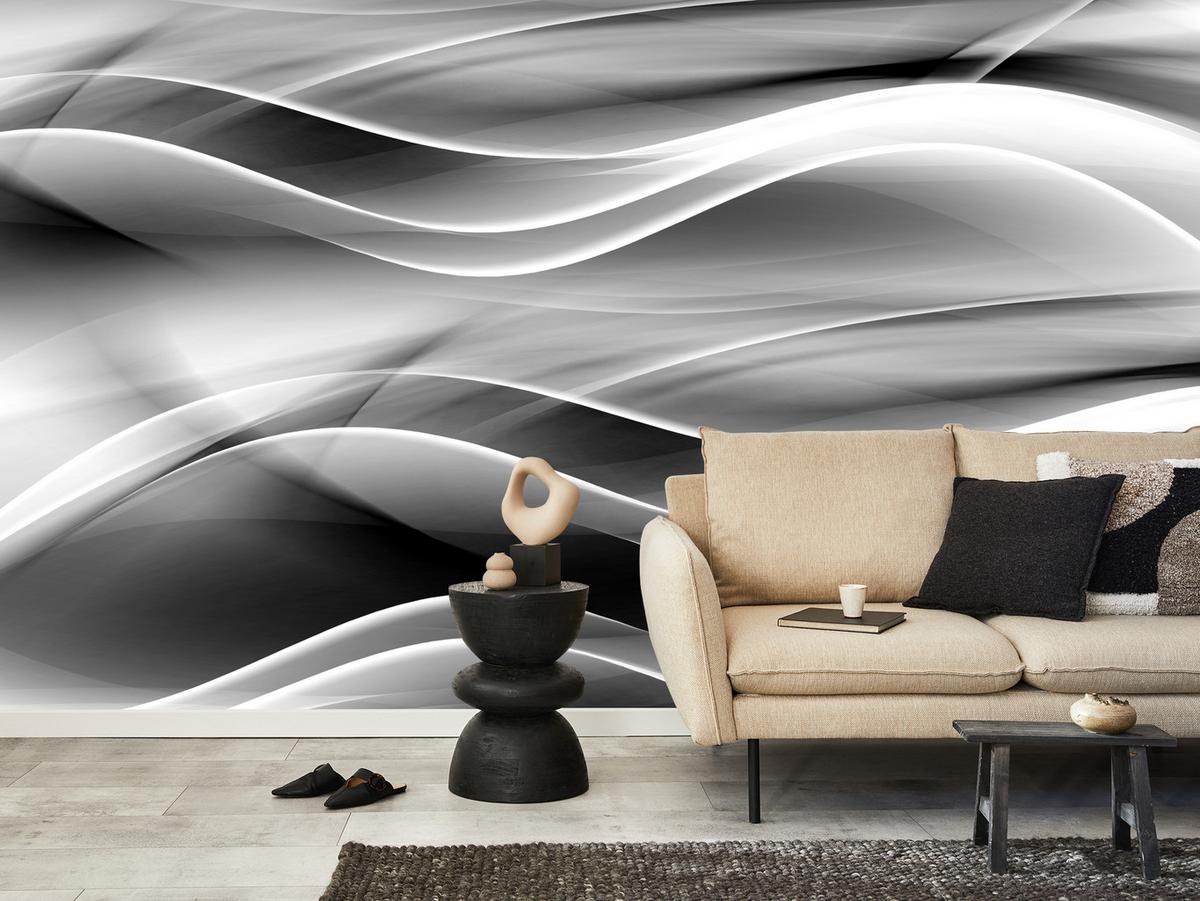 FOTOTAPETE für Badezimmer Abstrakte Monochrom Wellen Modern 400x280 - Schwarz/Weiß, Papier (400/280cm) - Muralo