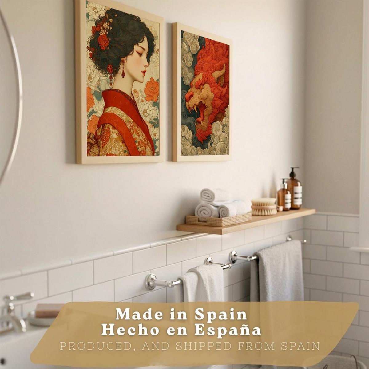 POSTER 2er-Set dekorative Badezimmer-Kunstdrucke, im japanischen Stil für Wand, Waschbecken, Toilette mit orientalischem Drachen und Frau Rahmenlos A4 - Klar, Papier (29.7/21/3cm) - Nacnic